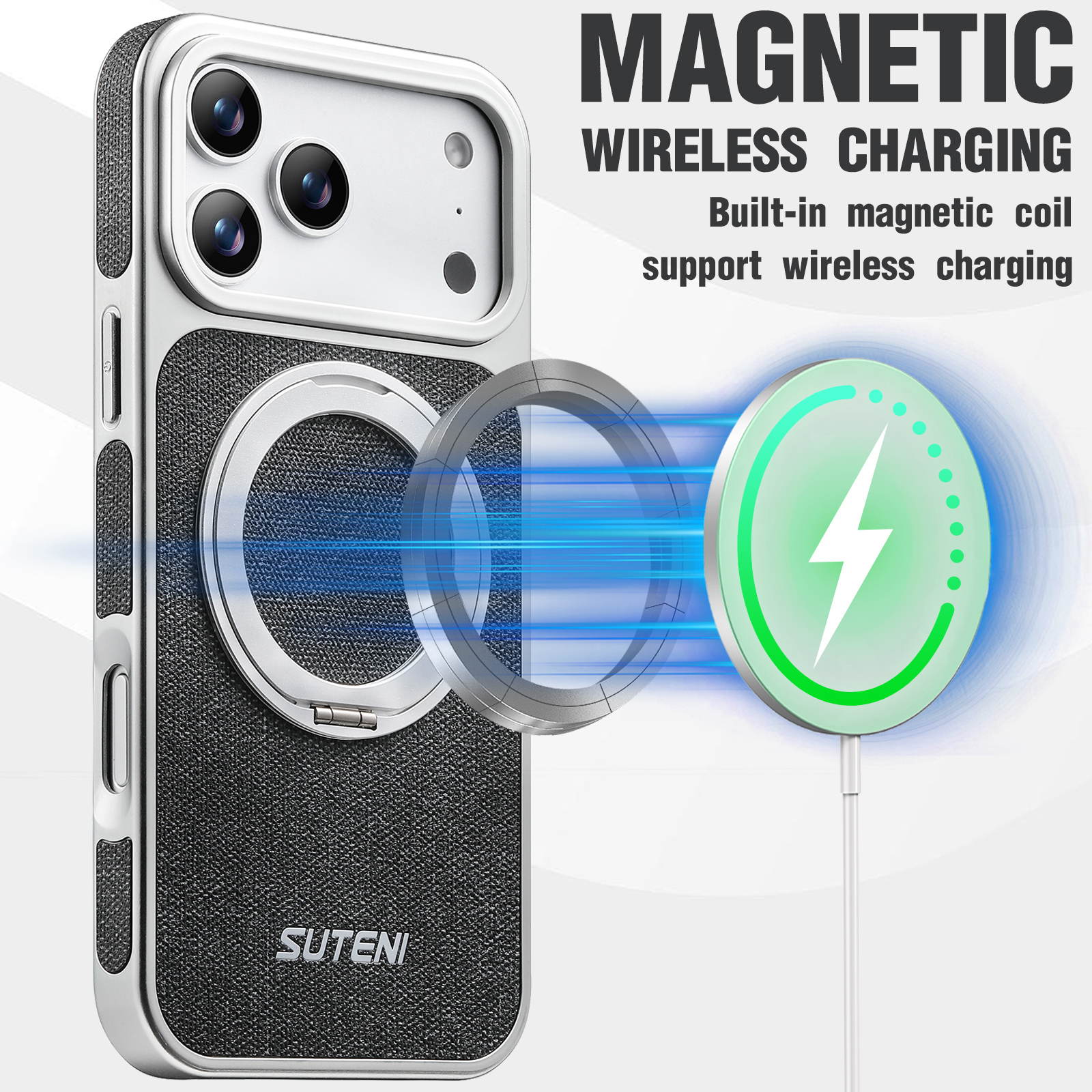 SUTENI G6NZ Faux Leather Magnet Wireless Charging Phone Case 360° Rotating Stand Ring Buckle Frosted Feel For iPhone 17 Pro Max 16 15 14 13