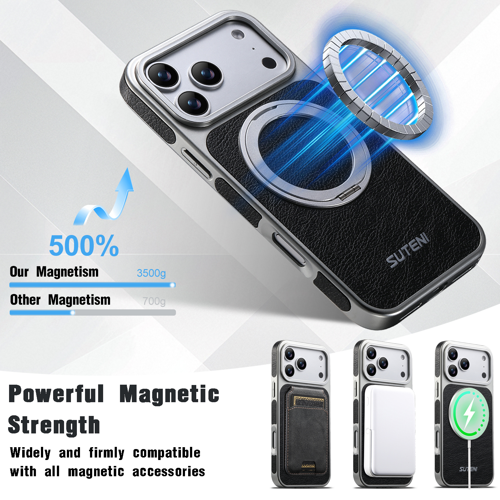 SUTENI G6FM Faux Leather Magnet Wireless Charging Phone Case 360° Rotating Stand Ring Buckle Frosted Feel For iPhone 17 Pro Max 16 15 14 13