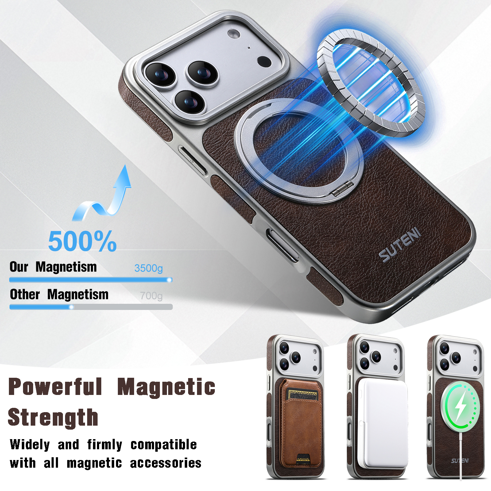 SUTENI G6FM Faux Leather Magnet Wireless Charging Phone Case 360° Rotating Stand Ring Buckle Frosted Feel For iPhone 17 Pro Max 16 15 14 13