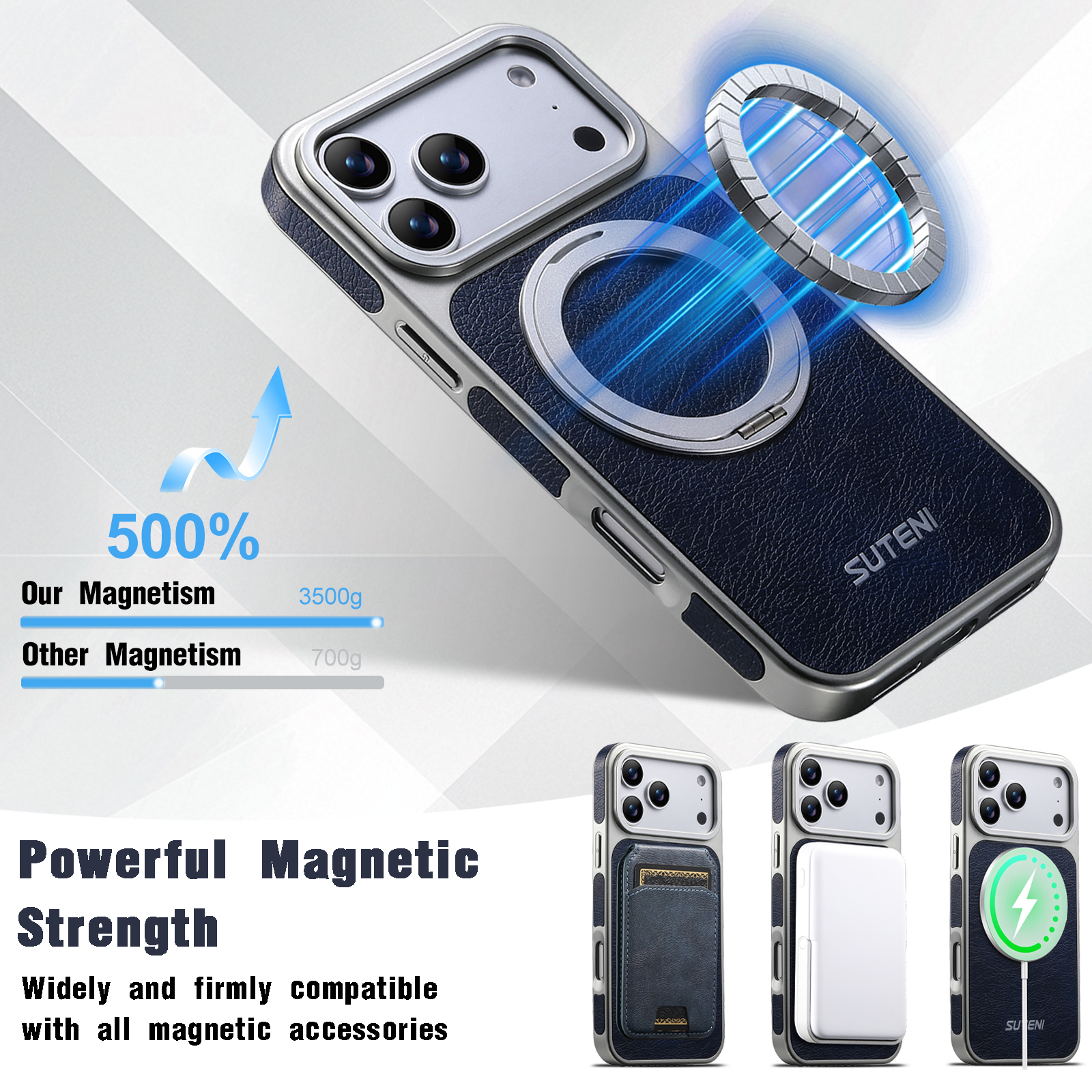 SUTENI G6FM Faux Leather Magnet Wireless Charging Phone Case 360° Rotating Stand Ring Buckle Frosted Feel For iPhone 17 Pro Max 16 15 14 13