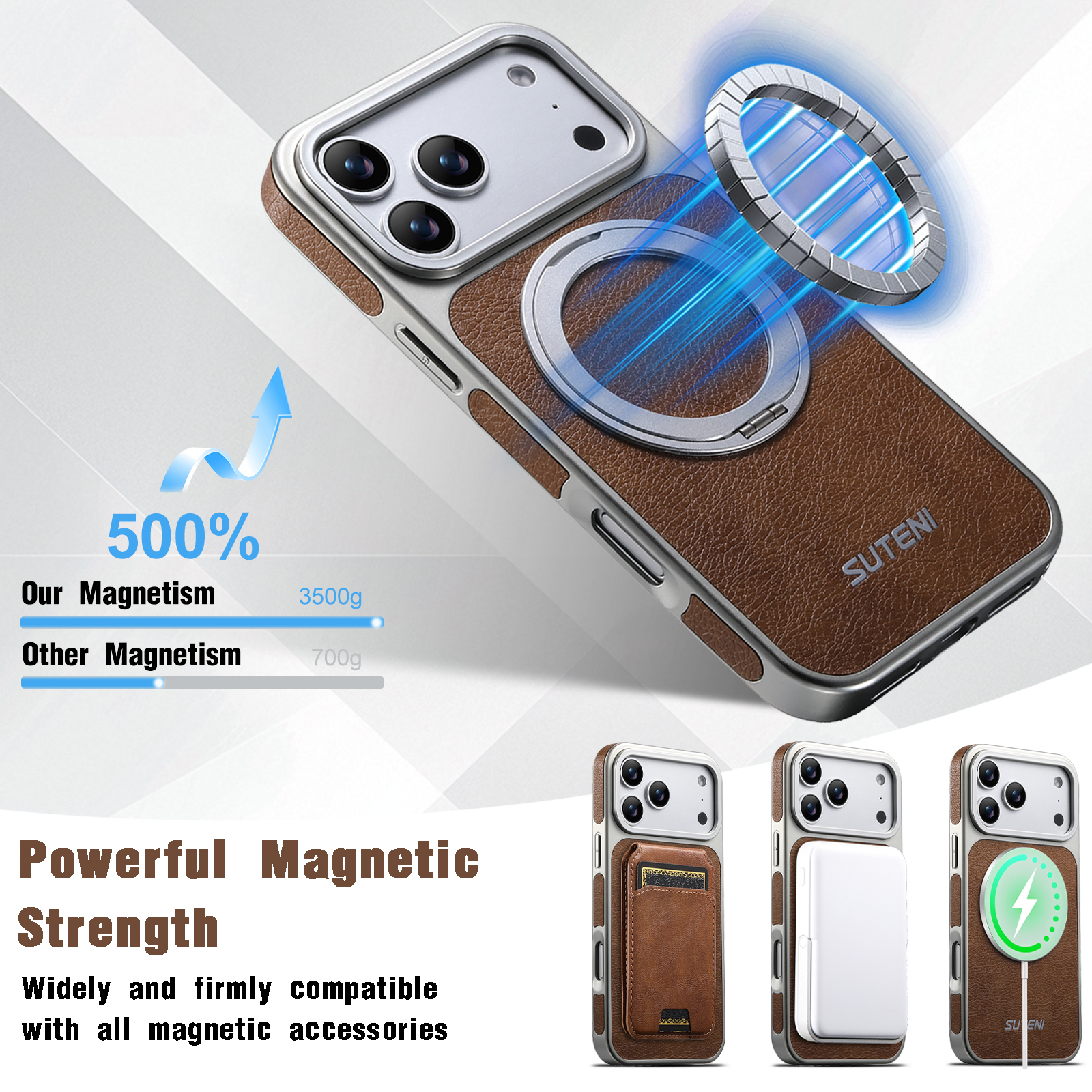 SUTENI G6FM Faux Leather Magnet Wireless Charging Phone Case 360° Rotating Stand Ring Buckle Frosted Feel For iPhone 17 Pro Max 16 15 14 13