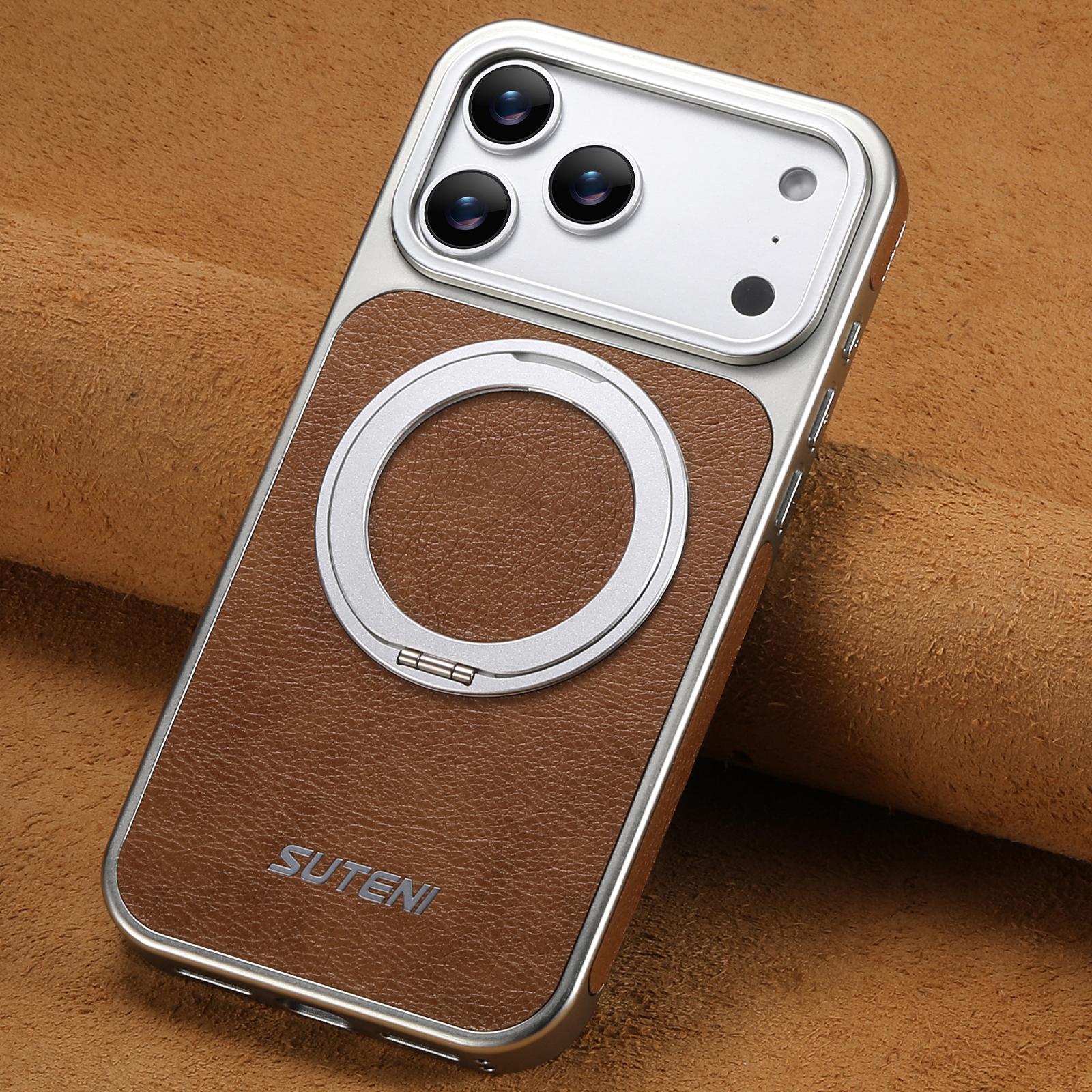 SUTENI G6FM Faux Leather Magnet Wireless Charging Phone Case 360° Rotating Stand Ring Buckle Frosted Feel For iPhone 17 Pro Max 16 15 14 13