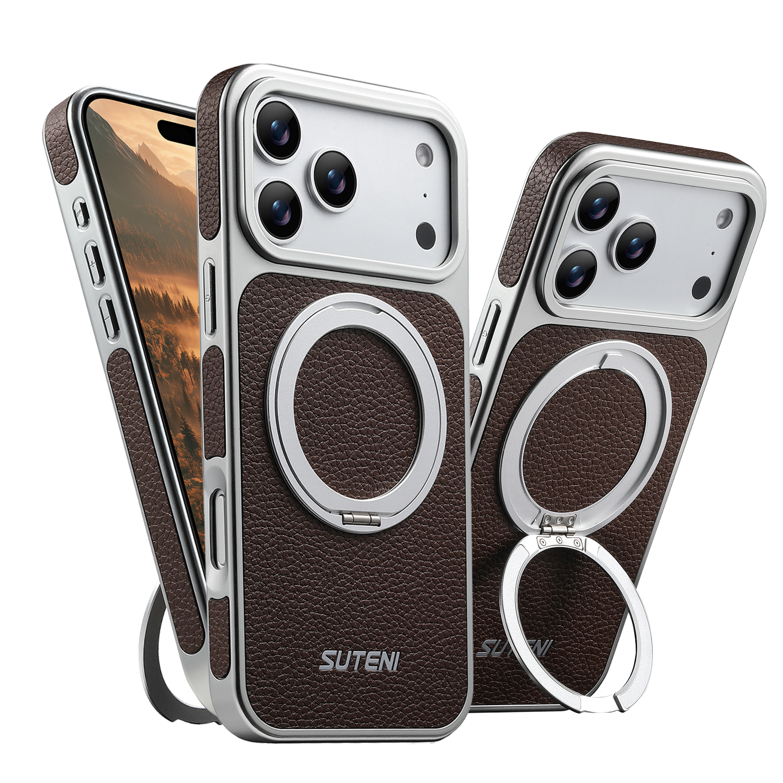 SUTENI G6DLZ Faux Leather Magnet Wireless Charging Phone Case 360° Rotating Stand Ring Buckle Frosted Feel For iPhone 17 Pro Max 16 15 14 13