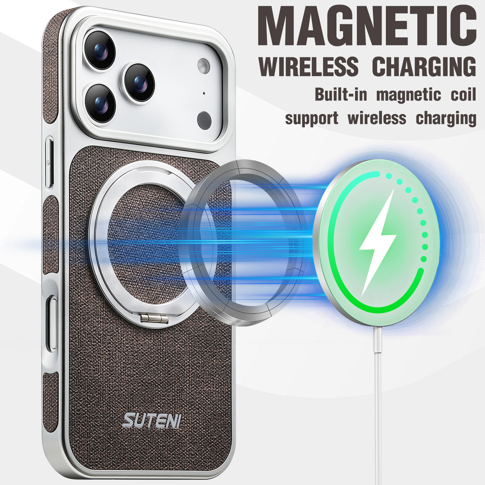 SUTENI G6NZ Faux Leather Magnet Wireless Charging Phone Case 360° Rotating Stand Ring Buckle Frosted Feel For iPhone 17 Pro Max 16 15 14 13