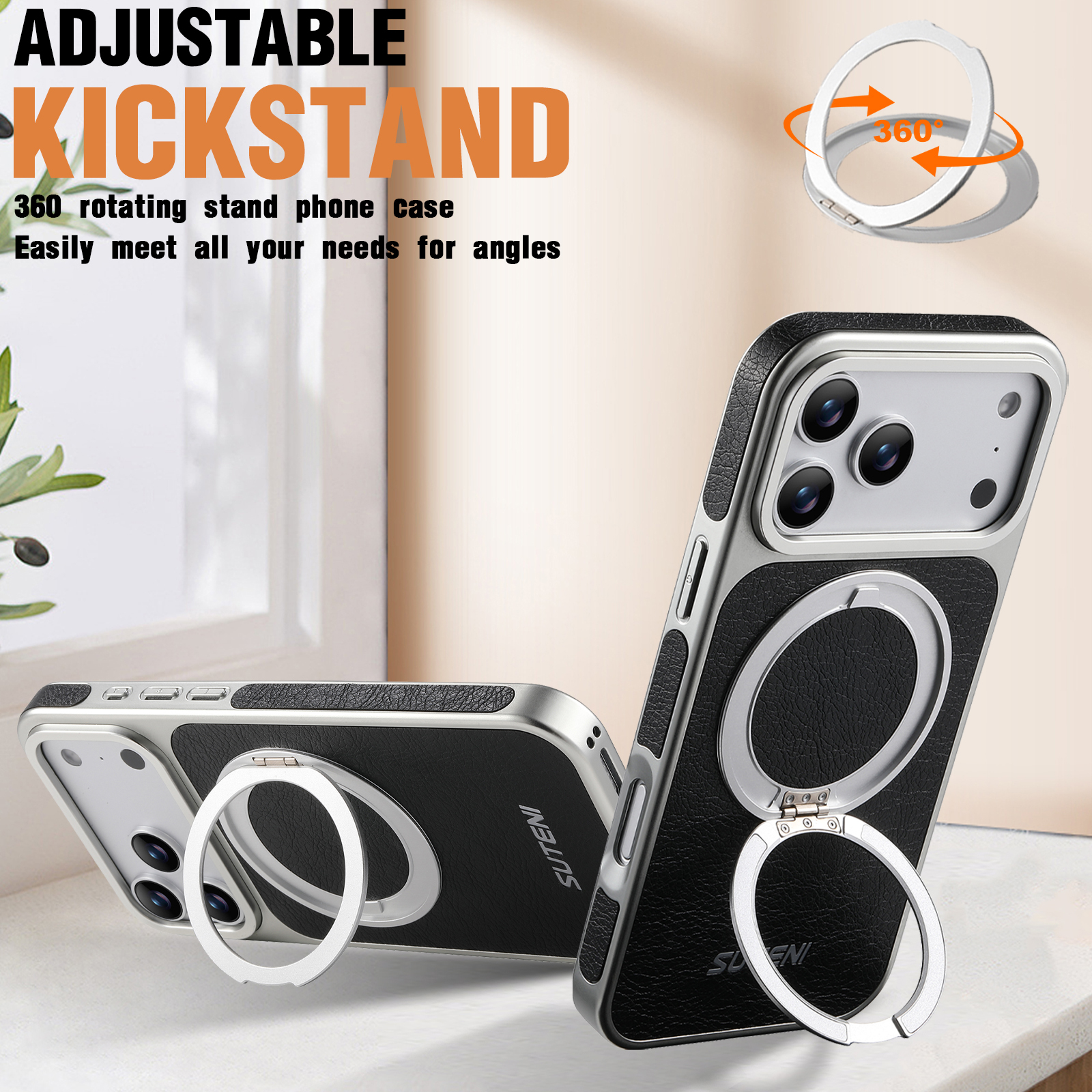 SUTENI G6FM Faux Leather Magnet Wireless Charging Phone Case 360° Rotating Stand Ring Buckle Frosted Feel For iPhone 17 Pro Max 16 15 14 13