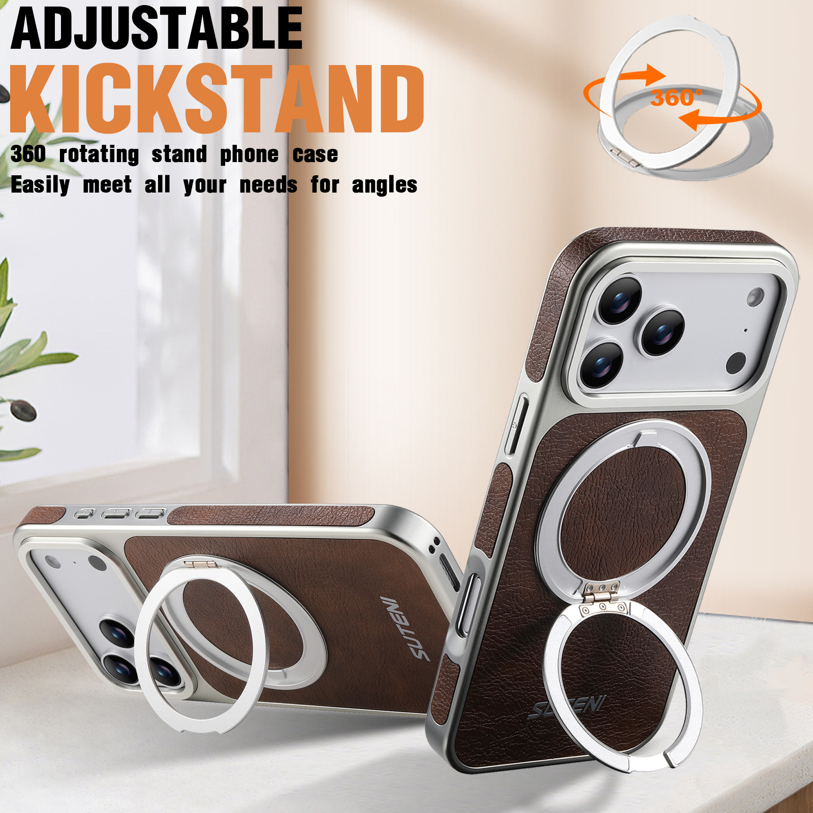 SUTENI G6FM Faux Leather Magnet Wireless Charging Phone Case 360° Rotating Stand Ring Buckle Frosted Feel For iPhone 17 Pro Max 16 15 14 13