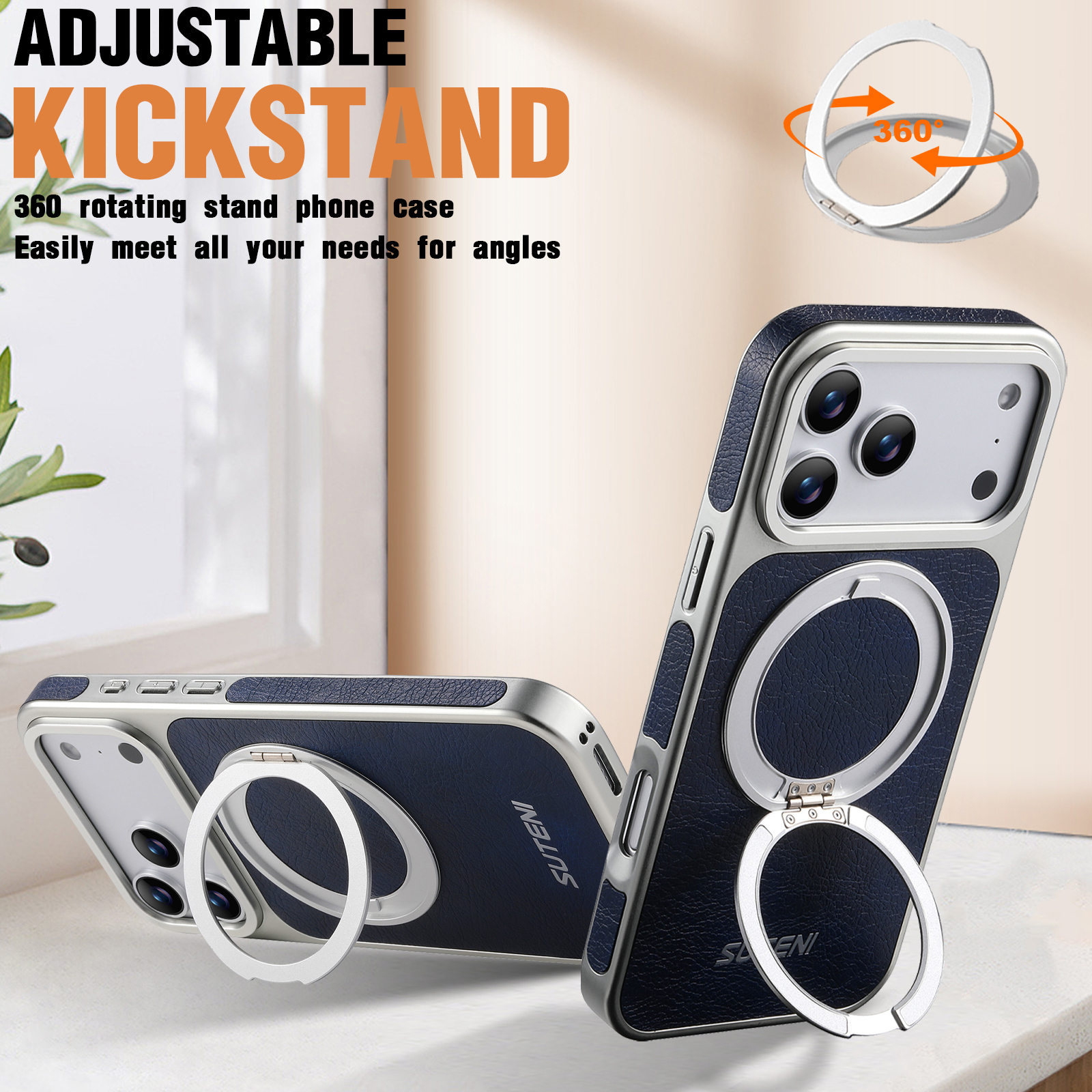 SUTENI G6FM Faux Leather Magnet Wireless Charging Phone Case 360° Rotating Stand Ring Buckle Frosted Feel For iPhone 17 Pro Max 16 15 14 13
