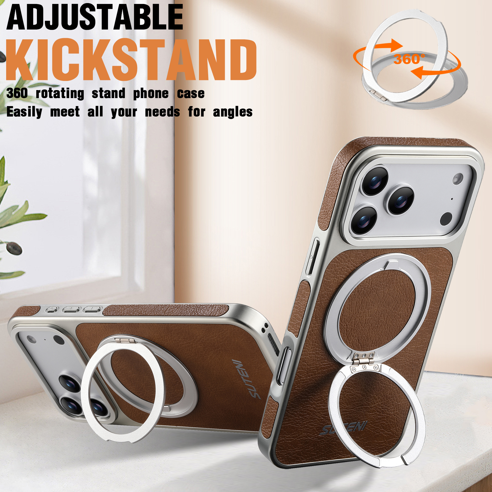 SUTENI G6FM Faux Leather Magnet Wireless Charging Phone Case 360° Rotating Stand Ring Buckle Frosted Feel For iPhone 17 Pro Max 16 15 14 13