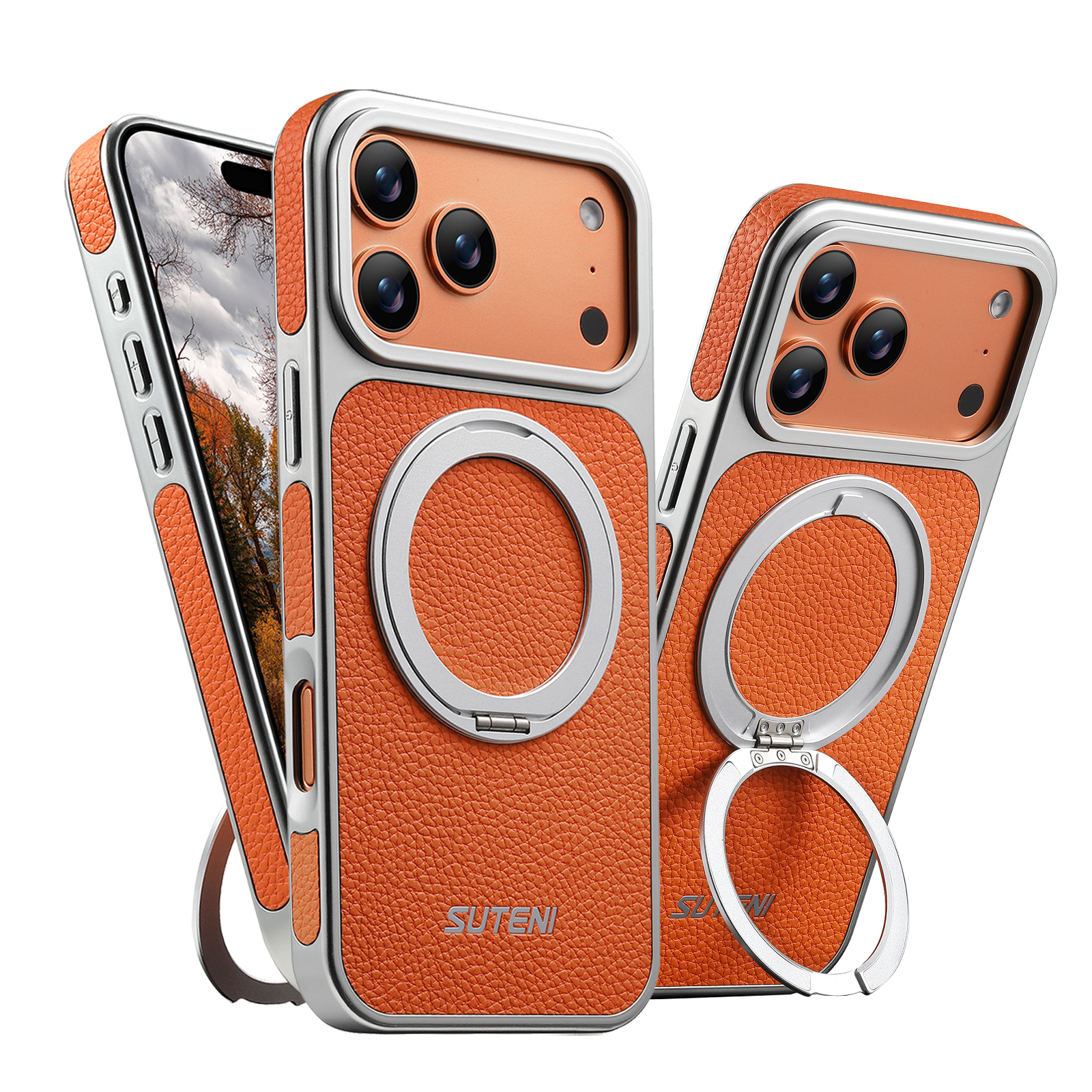 SUTENI G6DLZ Faux Leather Magnet Wireless Charging Phone Case 360° Rotating Stand Ring Buckle Frosted Feel For iPhone 17 Pro Max 16 15 14 13