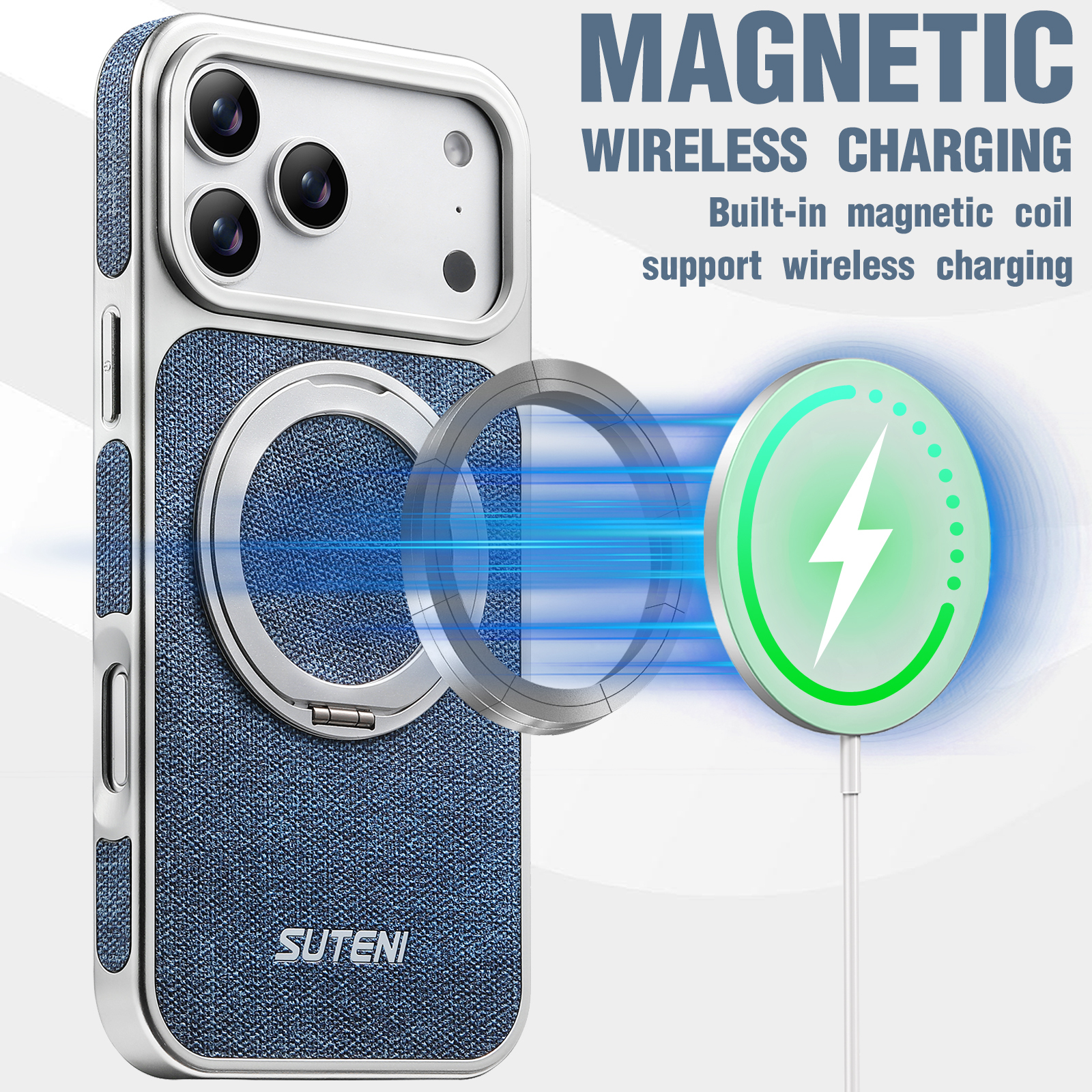 SUTENI G6NZ Faux Leather Magnet Wireless Charging Phone Case 360° Rotating Stand Ring Buckle Frosted Feel For iPhone 17 Pro Max 16 15 14 13