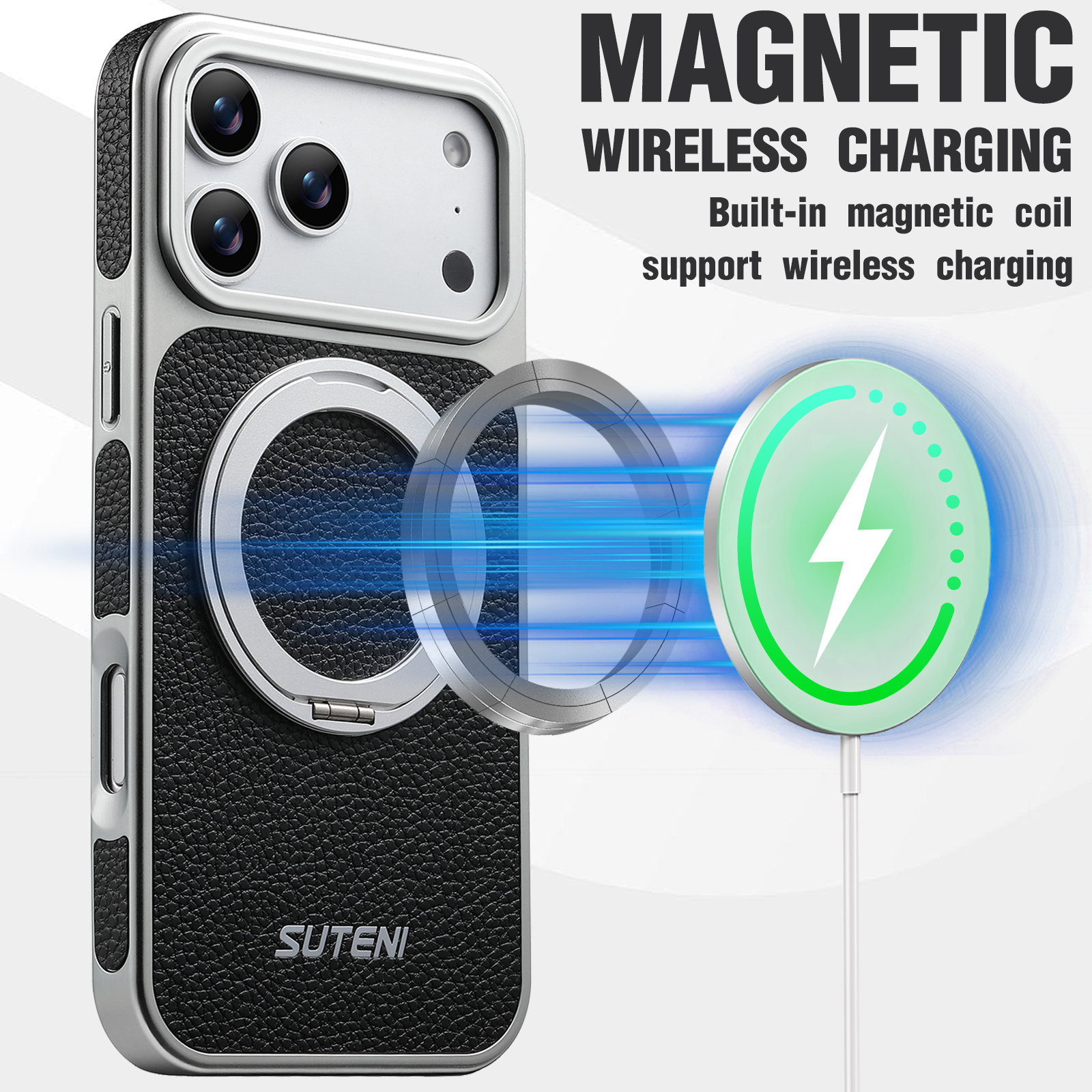 SUTENI G6DLZ Faux Leather Magnet Wireless Charging Phone Case 360° Rotating Stand Ring Buckle Frosted Feel For iPhone 17 Pro Max 16 15 14 13