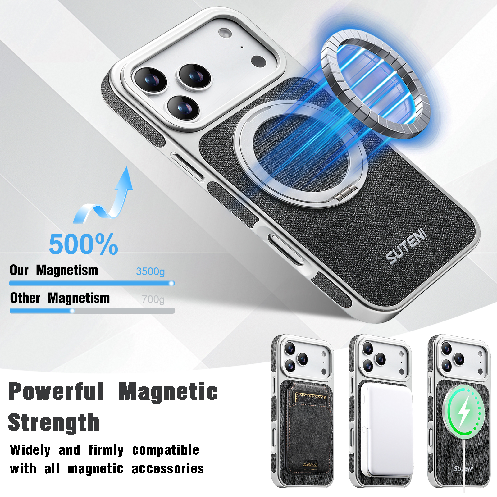 SUTENI G6NZ Faux Leather Magnet Wireless Charging Phone Case 360° Rotating Stand Ring Buckle Frosted Feel For iPhone 17 Pro Max 16 15 14 13