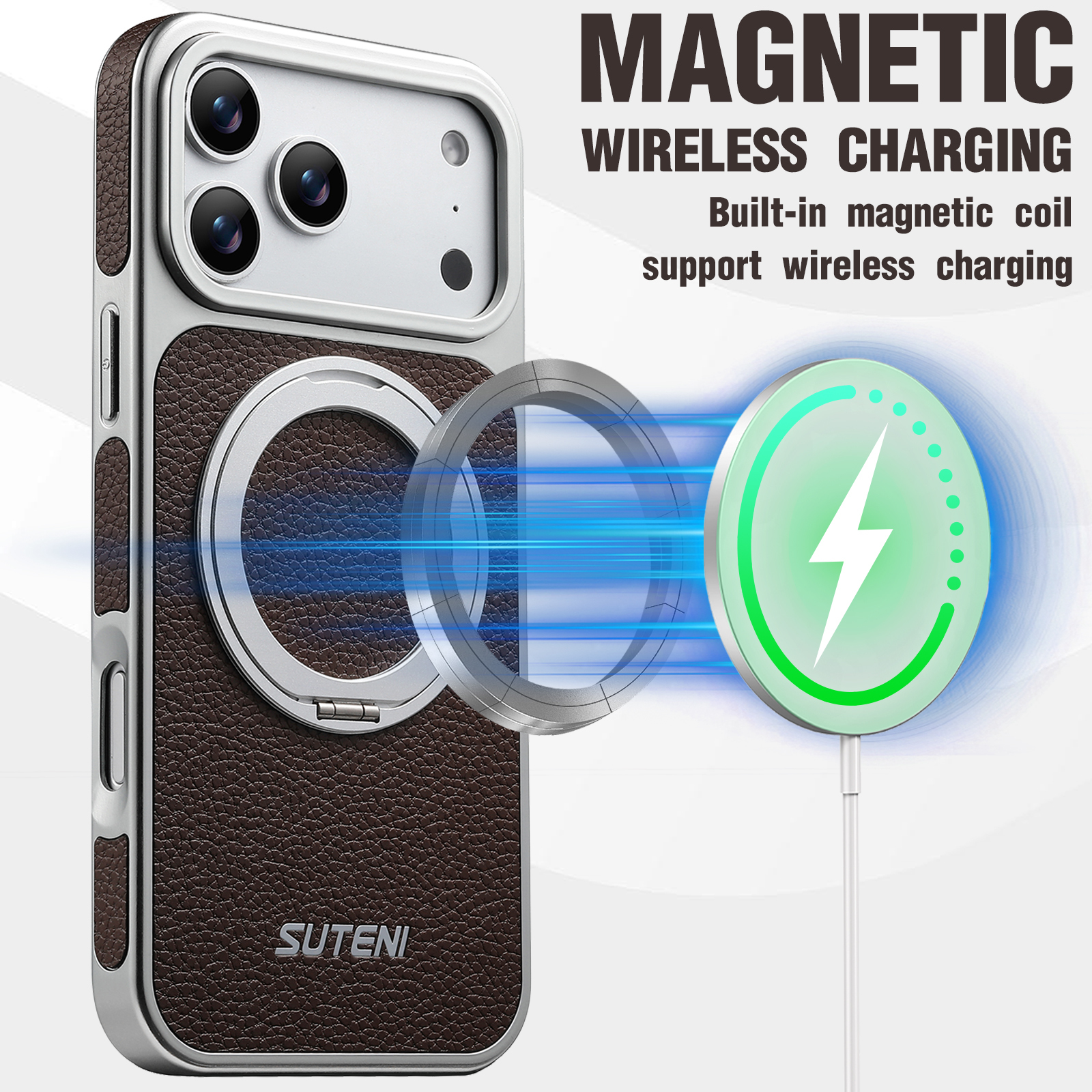 SUTENI G6DLZ Faux Leather Magnet Wireless Charging Phone Case 360° Rotating Stand Ring Buckle Frosted Feel For iPhone 17 Pro Max 16 15 14 13