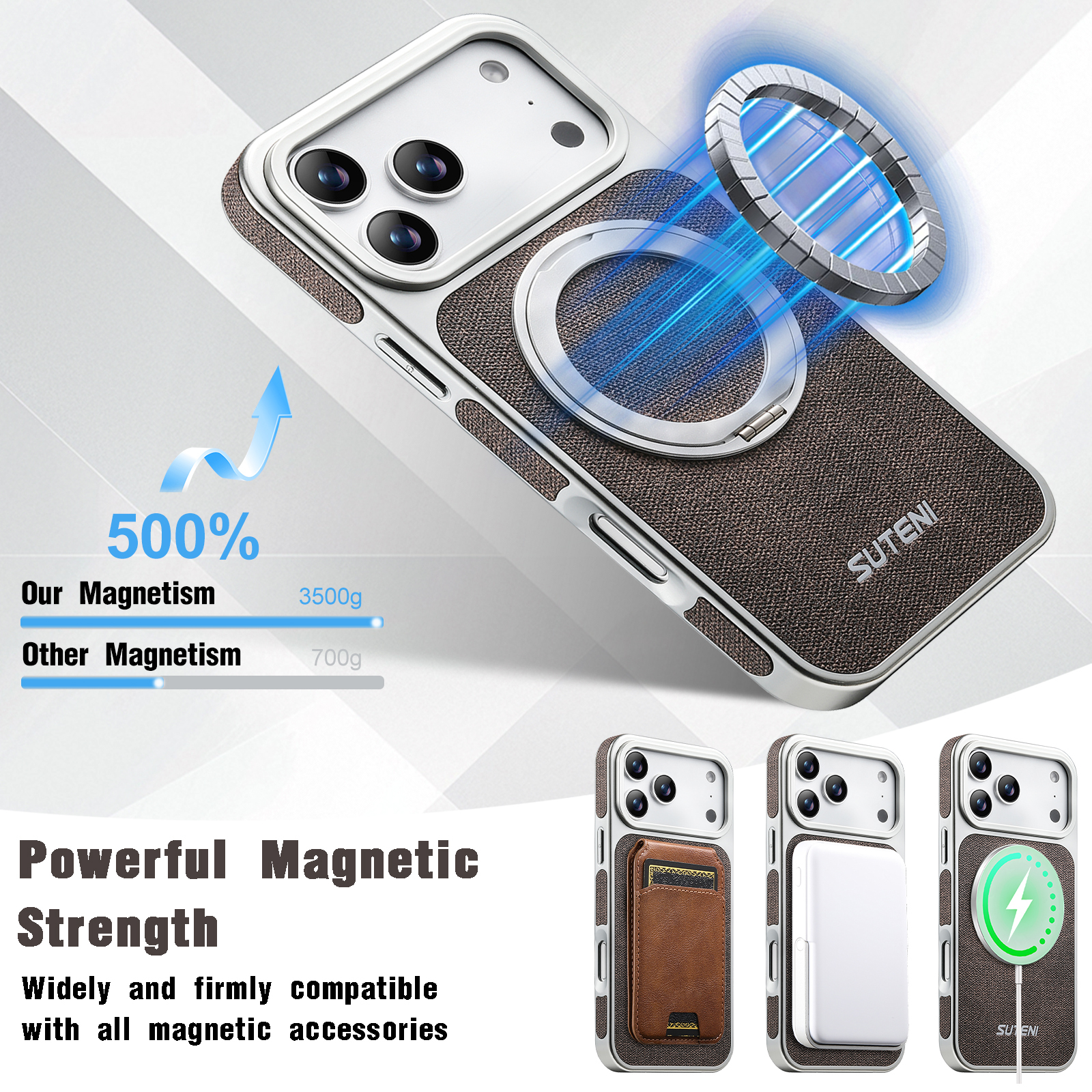 SUTENI G6NZ Faux Leather Magnet Wireless Charging Phone Case 360° Rotating Stand Ring Buckle Frosted Feel For iPhone 17 Pro Max 16 15 14 13