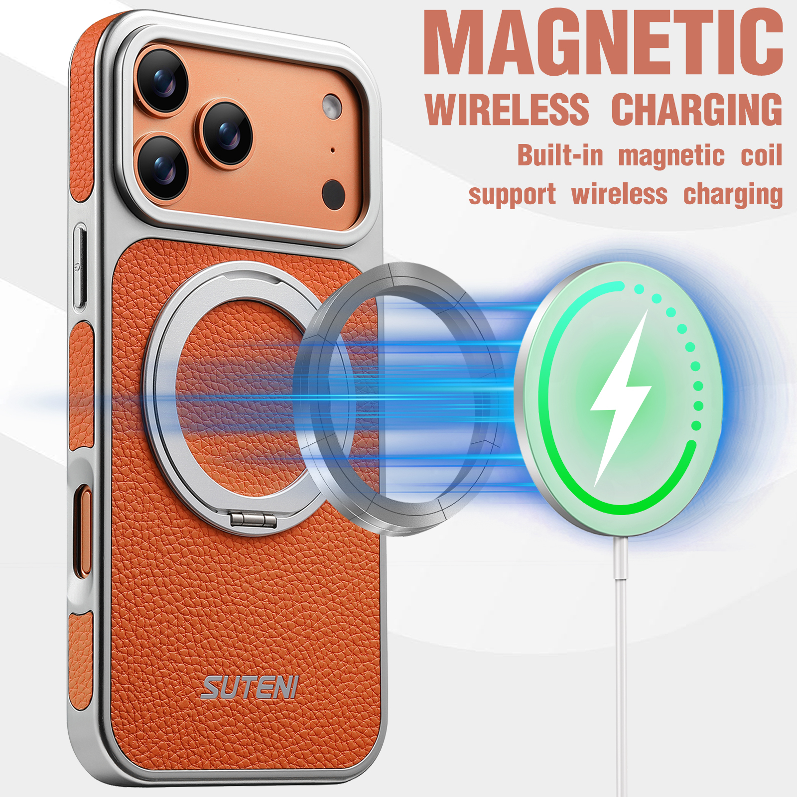 SUTENI G6DLZ Faux Leather Magnet Wireless Charging Phone Case 360° Rotating Stand Ring Buckle Frosted Feel For iPhone 17 Pro Max 16 15 14 13