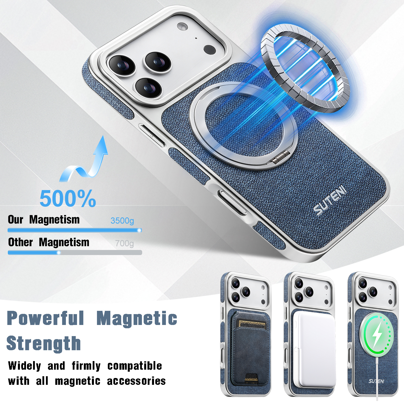 SUTENI G6NZ Faux Leather Magnet Wireless Charging Phone Case 360° Rotating Stand Ring Buckle Frosted Feel For iPhone 17 Pro Max 16 15 14 13