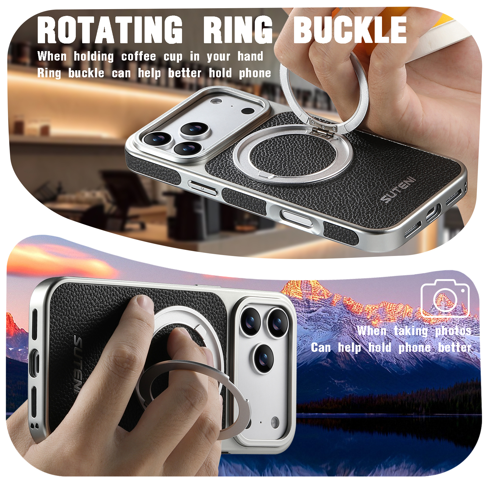 SUTENI G6DLZ Faux Leather Magnet Wireless Charging Phone Case 360° Rotating Stand Ring Buckle Frosted Feel For iPhone 17 Pro Max 16 15 14 13
