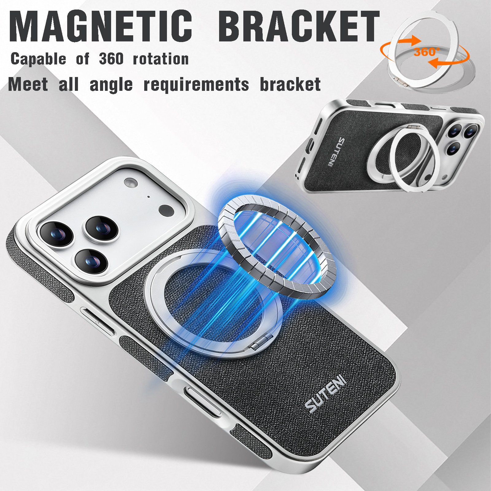 SUTENI G6NZ Faux Leather Magnet Wireless Charging Phone Case 360° Rotating Stand Ring Buckle Frosted Feel For iPhone 17 Pro Max 16 15 14 13