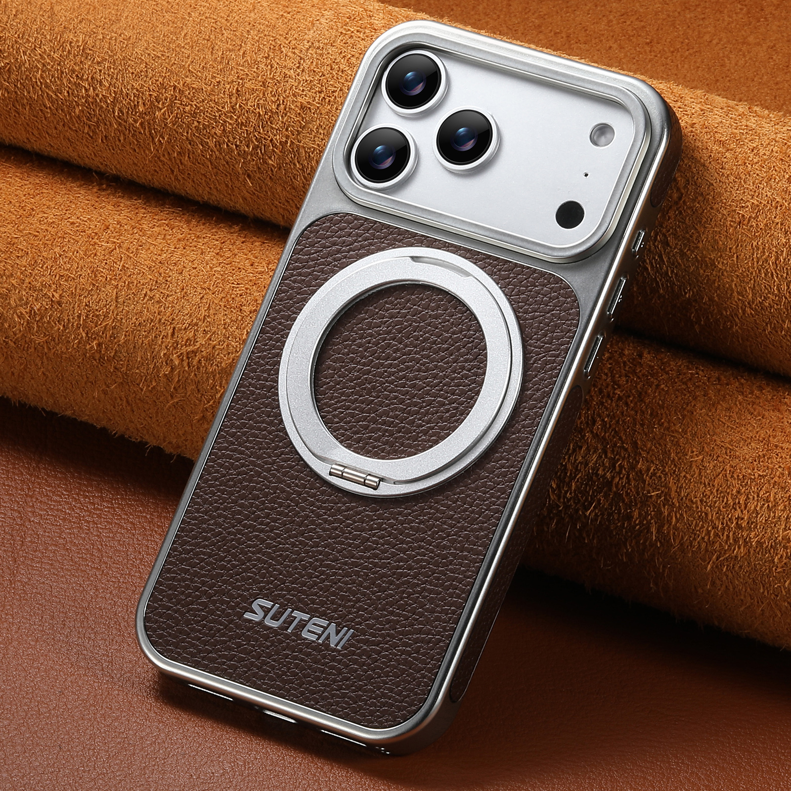 SUTENI G6DLZ Faux Leather Magnet Wireless Charging Phone Case 360° Rotating Stand Ring Buckle Frosted Feel For iPhone 17 Pro Max 16 15 14 13