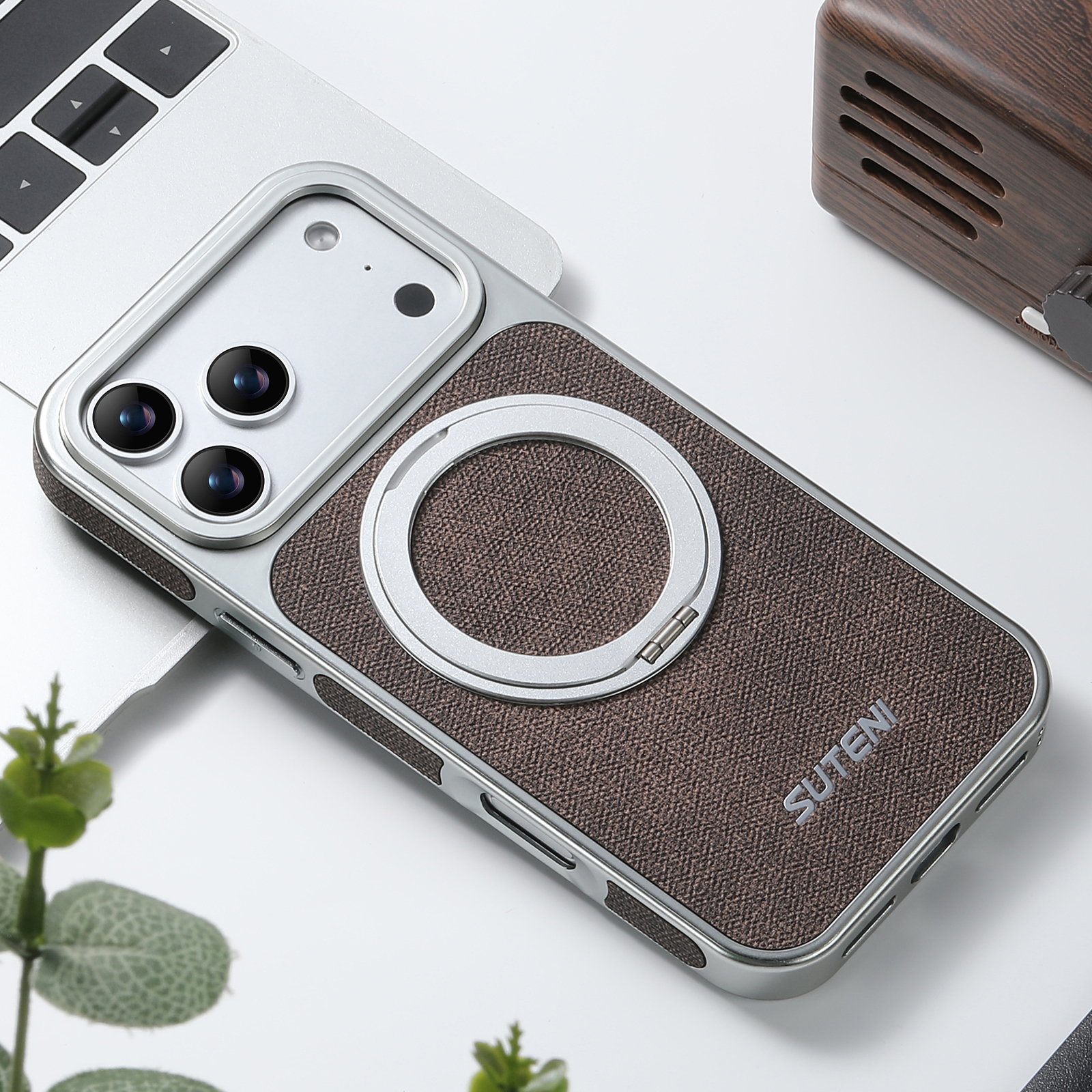 SUTENI G6NZ Faux Leather Magnet Wireless Charging Phone Case 360° Rotating Stand Ring Buckle Frosted Feel For iPhone 17 Pro Max 16 15 14 13