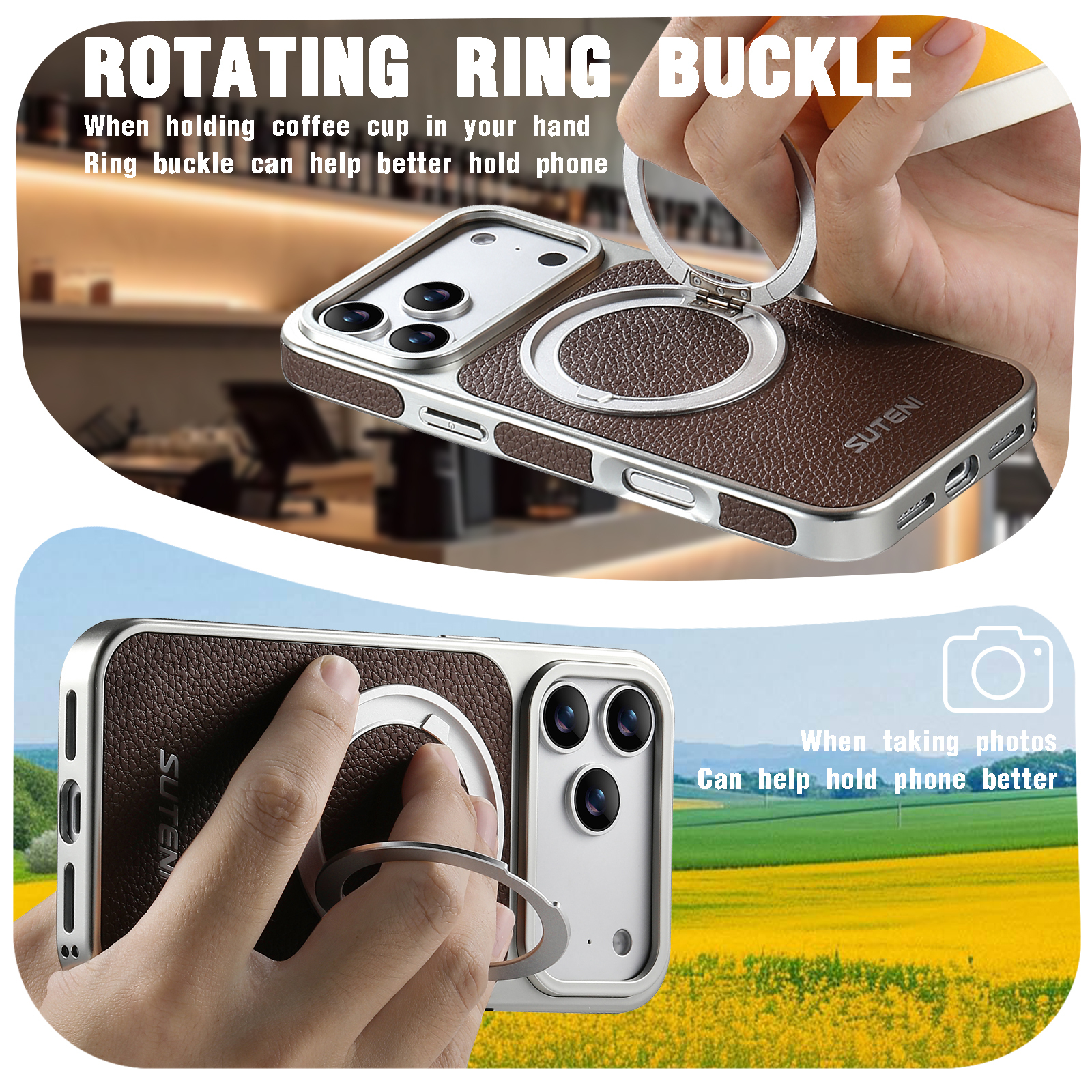 SUTENI G6DLZ Faux Leather Magnet Wireless Charging Phone Case 360° Rotating Stand Ring Buckle Frosted Feel For iPhone 17 Pro Max 16 15 14 13