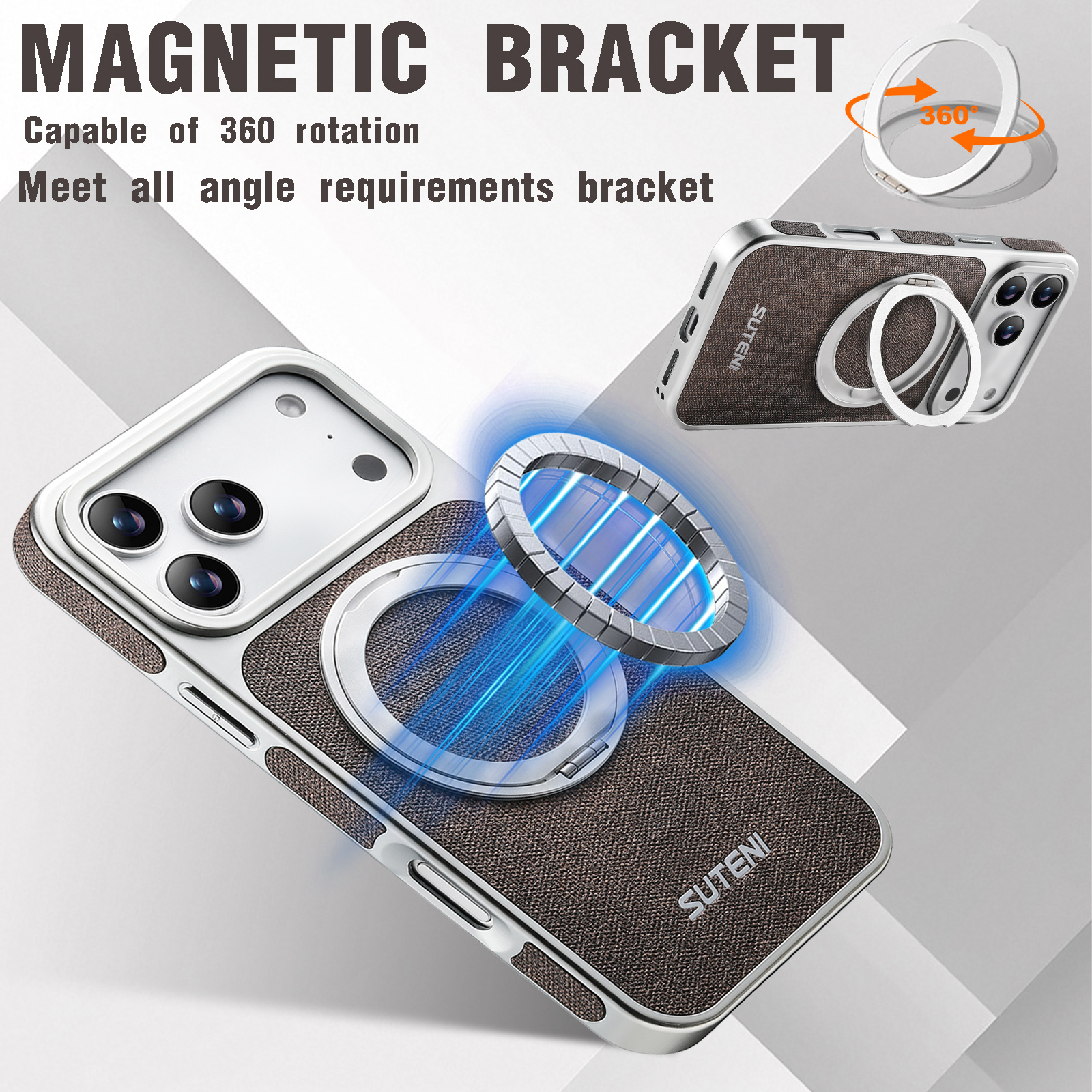 SUTENI G6NZ Faux Leather Magnet Wireless Charging Phone Case 360° Rotating Stand Ring Buckle Frosted Feel For iPhone 17 Pro Max 16 15 14 13