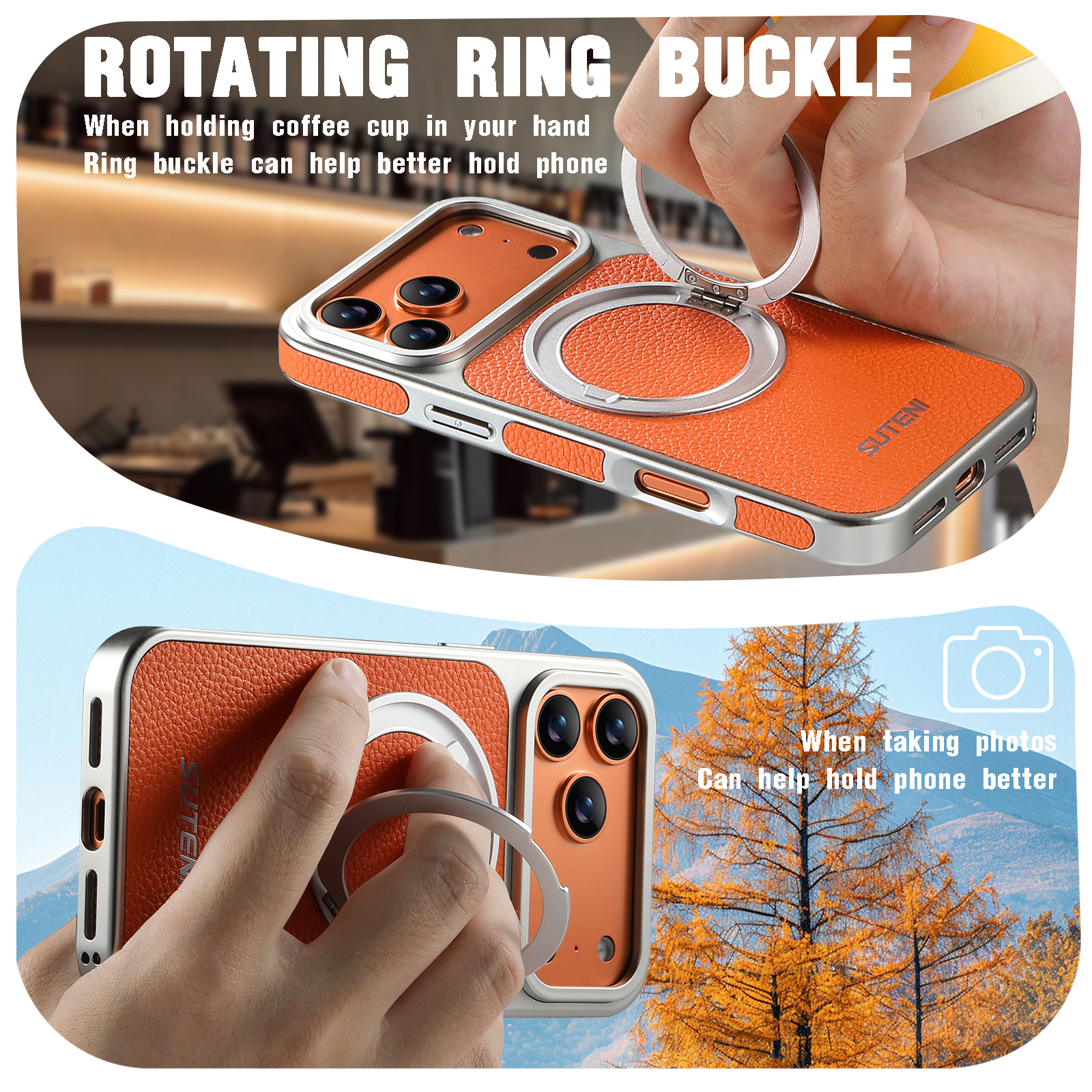 SUTENI G6DLZ Faux Leather Magnet Wireless Charging Phone Case 360° Rotating Stand Ring Buckle Frosted Feel For iPhone 17 Pro Max 16 15 14 13