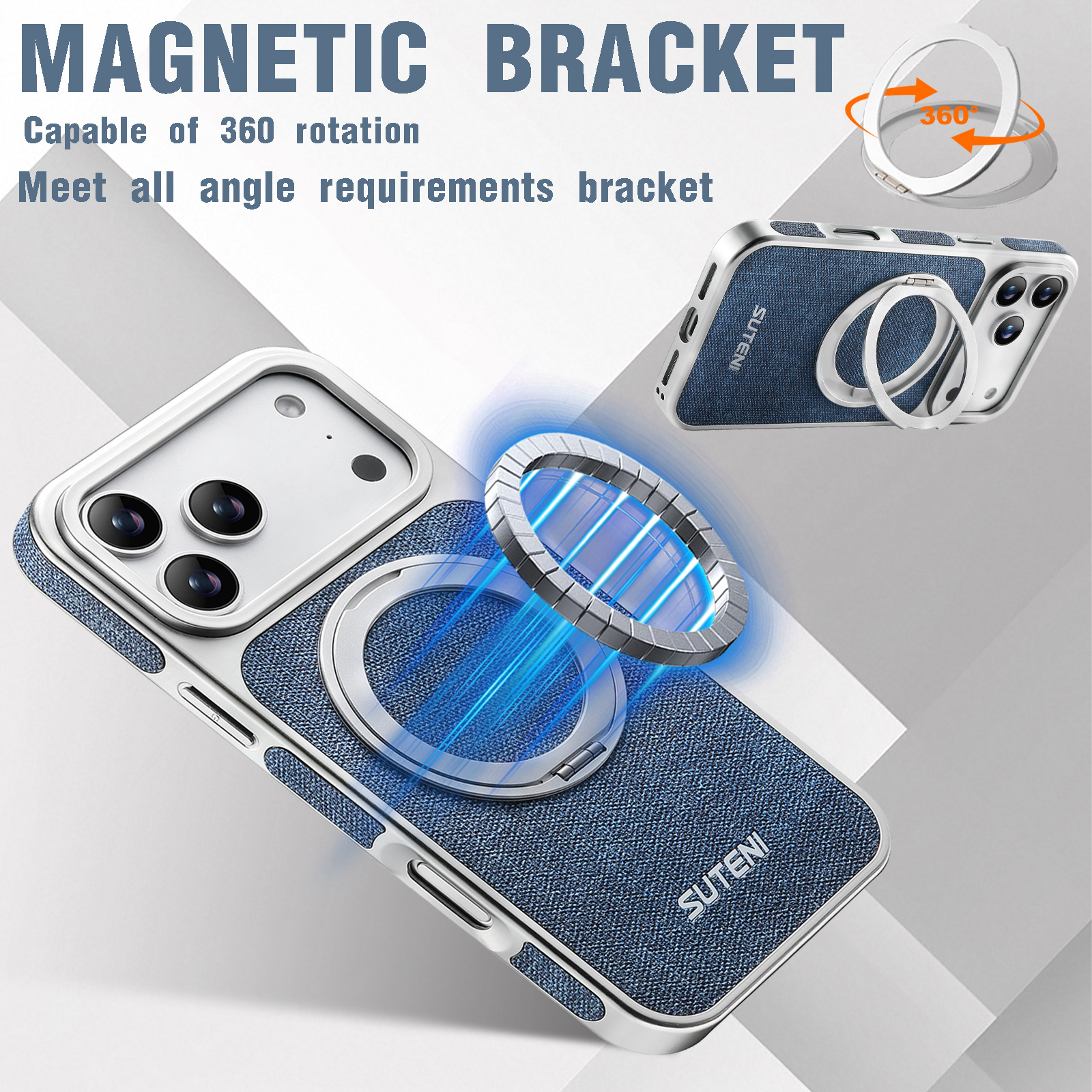 SUTENI G6NZ Faux Leather Magnet Wireless Charging Phone Case 360° Rotating Stand Ring Buckle Frosted Feel For iPhone 17 Pro Max 16 15 14 13