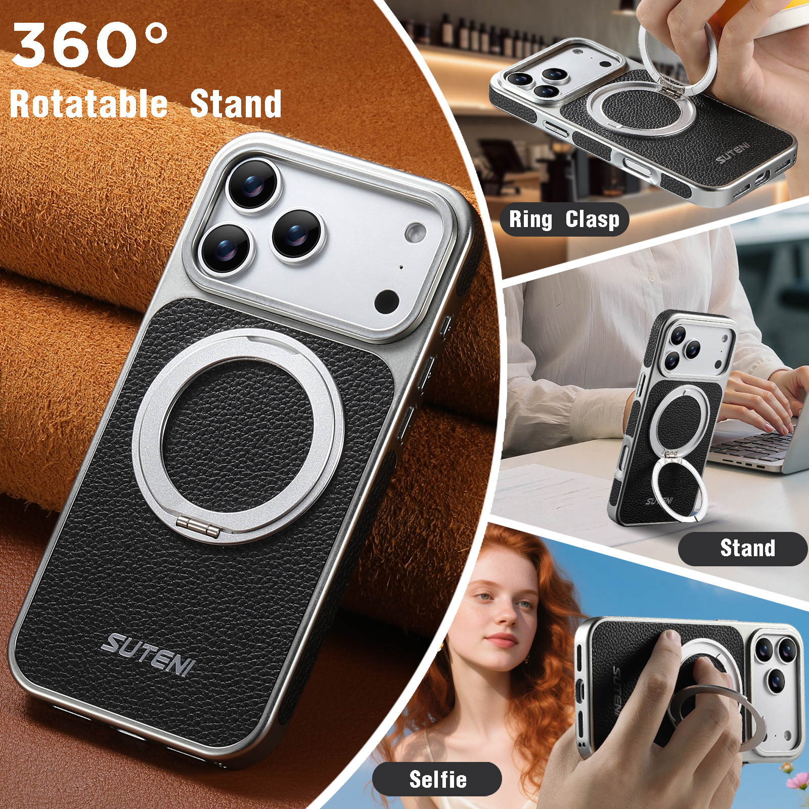 SUTENI G6DLZ Faux Leather Magnet Wireless Charging Phone Case 360° Rotating Stand Ring Buckle Frosted Feel For iPhone 17 Pro Max 16 15 14 13