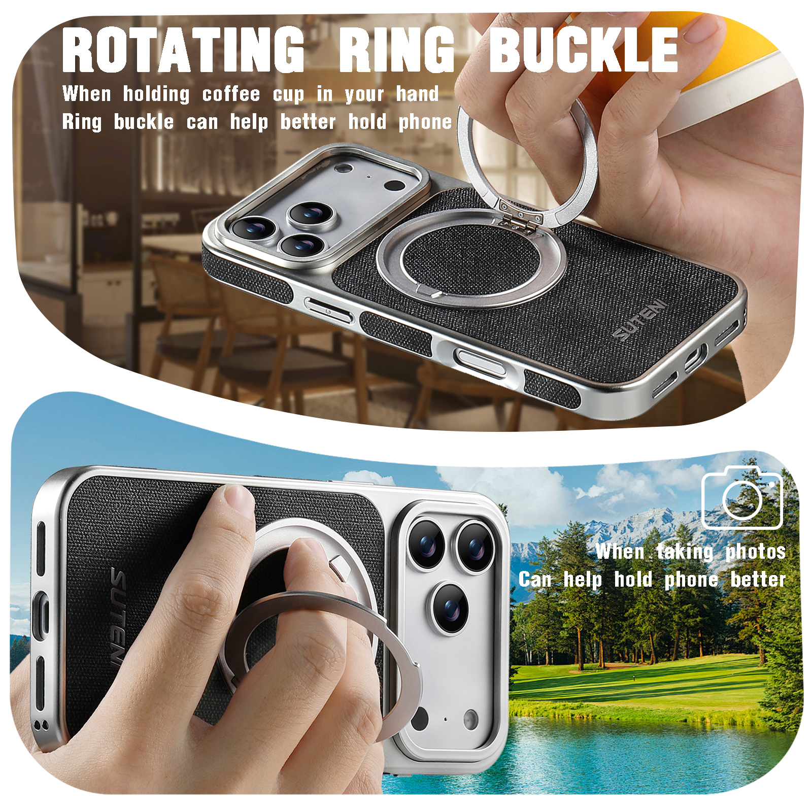 SUTENI G6NZ Faux Leather Magnet Wireless Charging Phone Case 360° Rotating Stand Ring Buckle Frosted Feel For iPhone 17 Pro Max 16 15 14 13