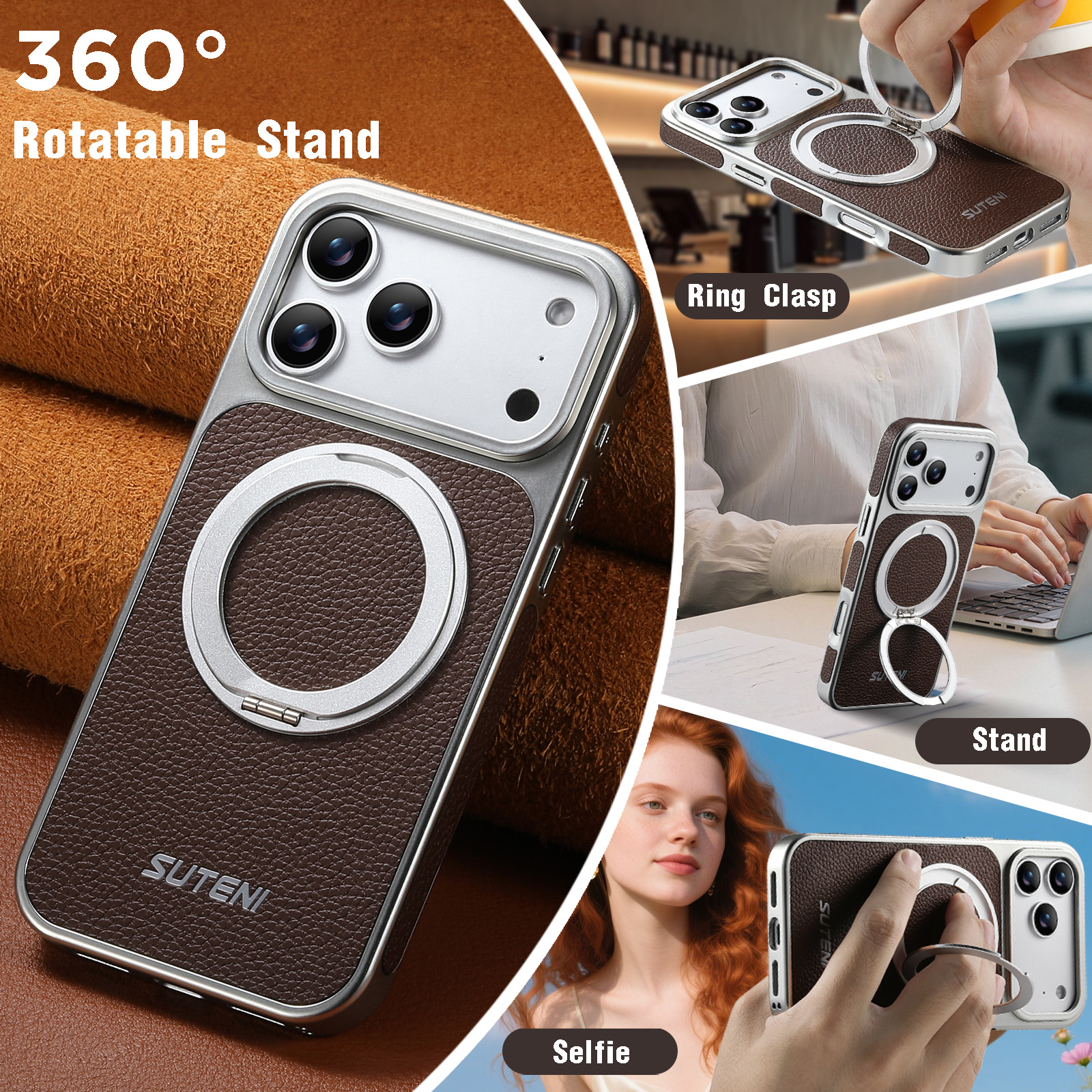 SUTENI G6DLZ Faux Leather Magnet Wireless Charging Phone Case 360° Rotating Stand Ring Buckle Frosted Feel For iPhone 17 Pro Max 16 15 14 13