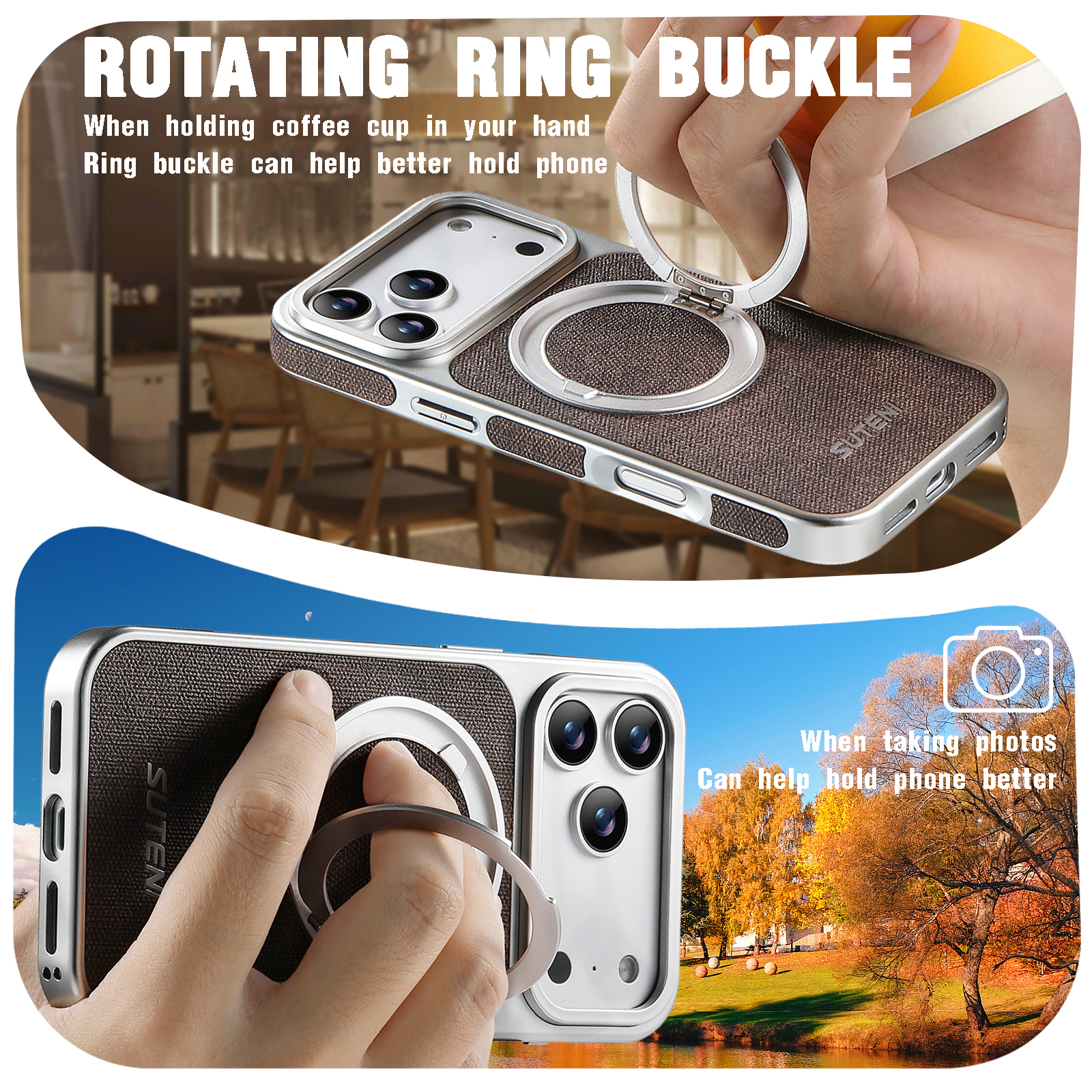 SUTENI G6NZ Faux Leather Magnet Wireless Charging Phone Case 360° Rotating Stand Ring Buckle Frosted Feel For iPhone 17 Pro Max 16 15 14 13