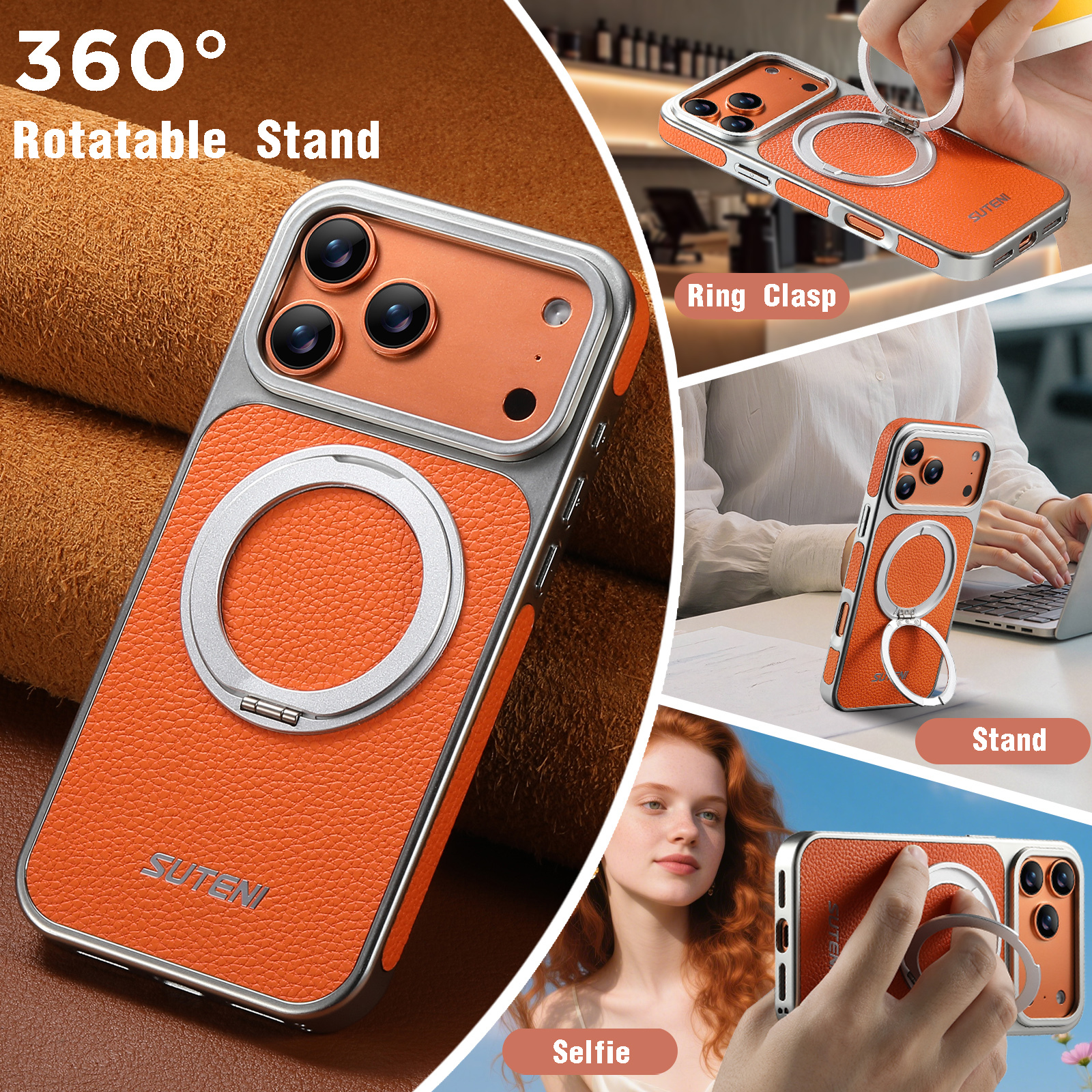 SUTENI G6DLZ Faux Leather Magnet Wireless Charging Phone Case 360° Rotating Stand Ring Buckle Frosted Feel For iPhone 17 Pro Max 16 15 14 13