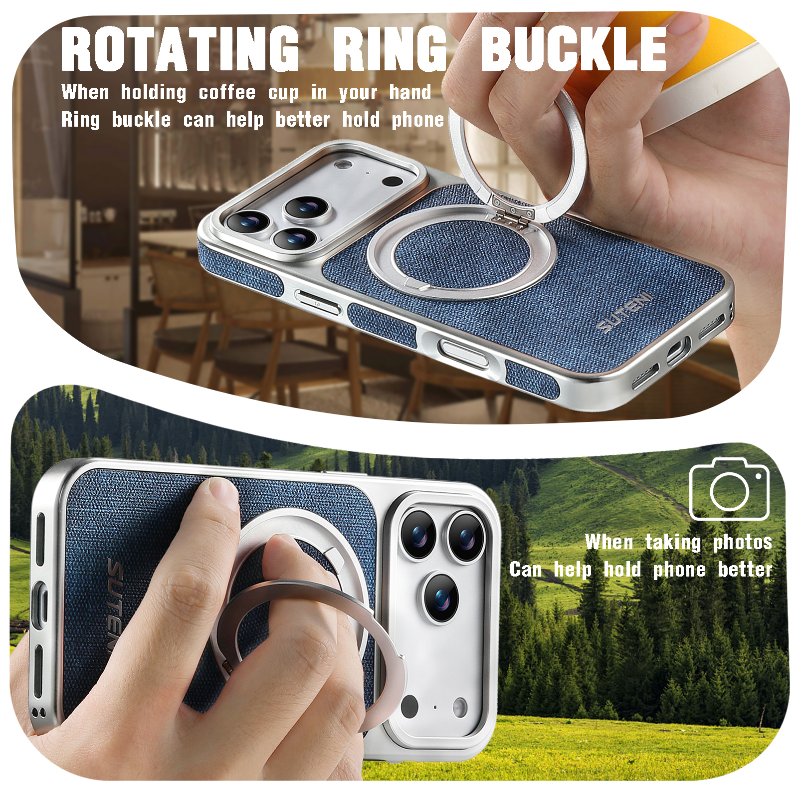 SUTENI G6NZ Faux Leather Magnet Wireless Charging Phone Case 360° Rotating Stand Ring Buckle Frosted Feel For iPhone 17 Pro Max 16 15 14 13