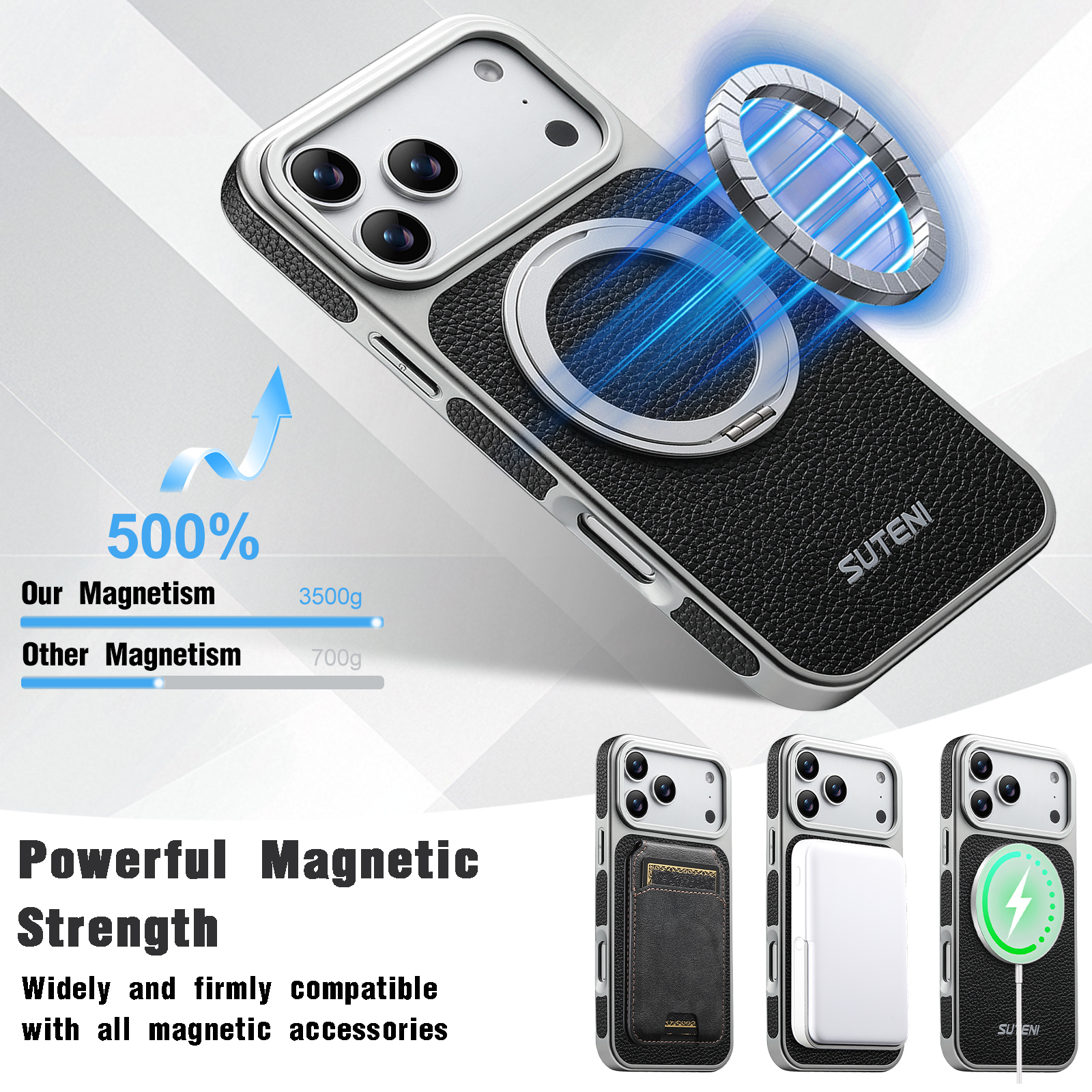 SUTENI G6DLZ Faux Leather Magnet Wireless Charging Phone Case 360° Rotating Stand Ring Buckle Frosted Feel For iPhone 17 Pro Max 16 15 14 13