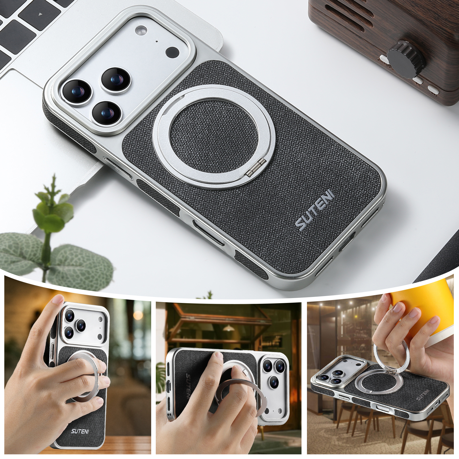 SUTENI G6NZ Faux Leather Magnet Wireless Charging Phone Case 360° Rotating Stand Ring Buckle Frosted Feel For iPhone 17 Pro Max 16 15 14 13