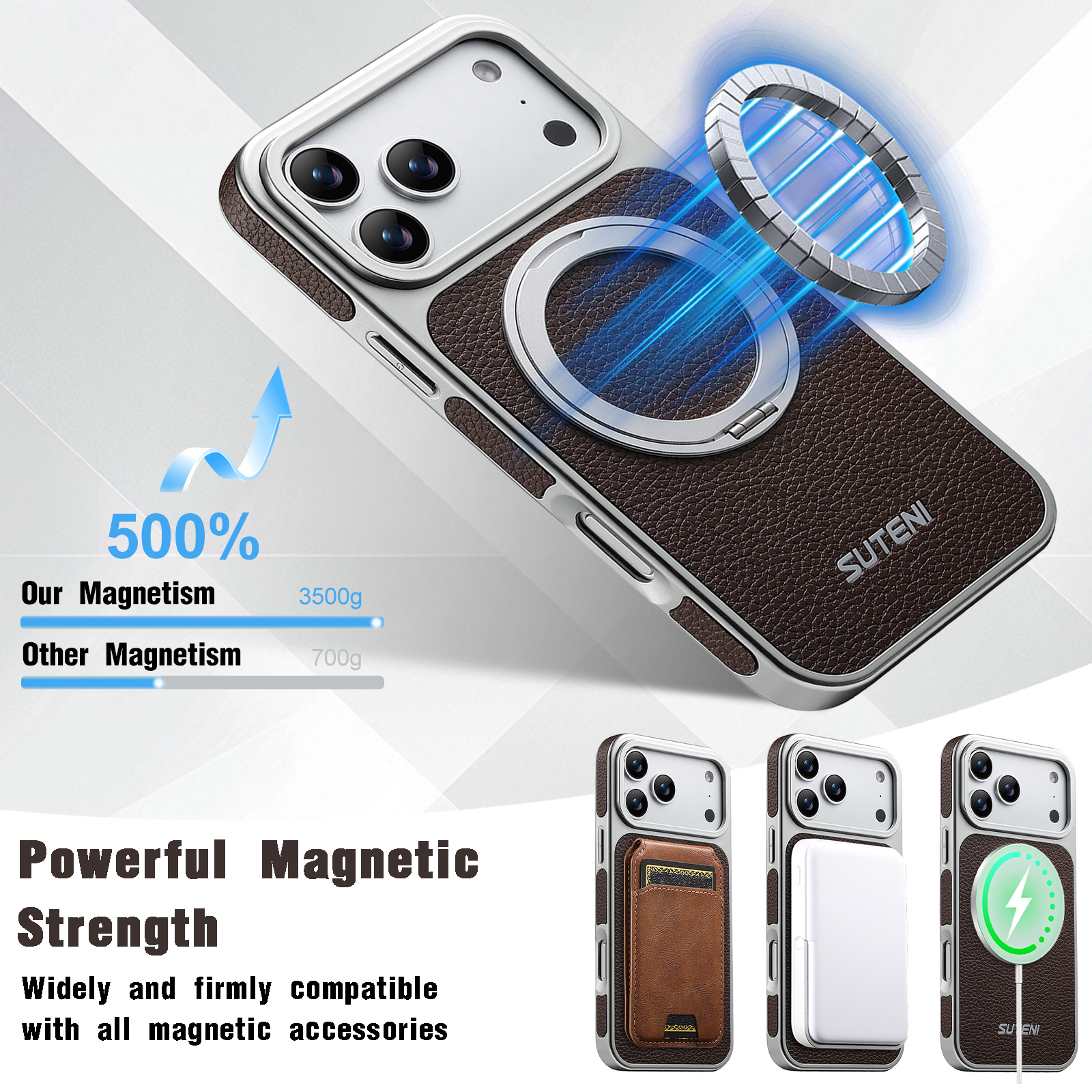 SUTENI G6DLZ Faux Leather Magnet Wireless Charging Phone Case 360° Rotating Stand Ring Buckle Frosted Feel For iPhone 17 Pro Max 16 15 14 13