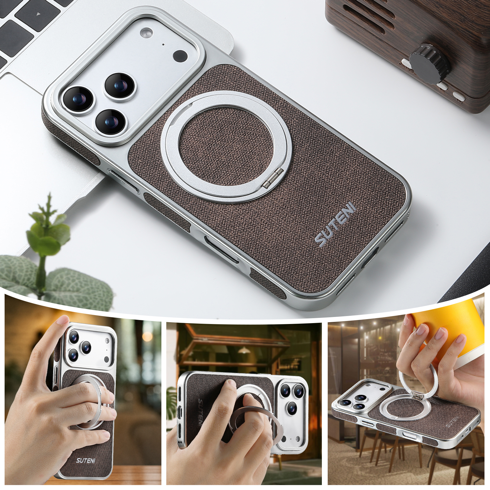 SUTENI G6NZ Faux Leather Magnet Wireless Charging Phone Case 360° Rotating Stand Ring Buckle Frosted Feel For iPhone 17 Pro Max 16 15 14 13