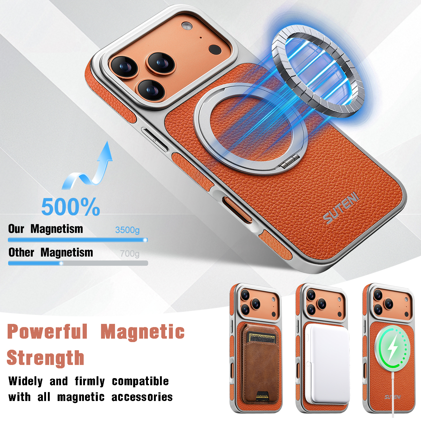 SUTENI G6DLZ Faux Leather Magnet Wireless Charging Phone Case 360° Rotating Stand Ring Buckle Frosted Feel For iPhone 17 Pro Max 16 15 14 13