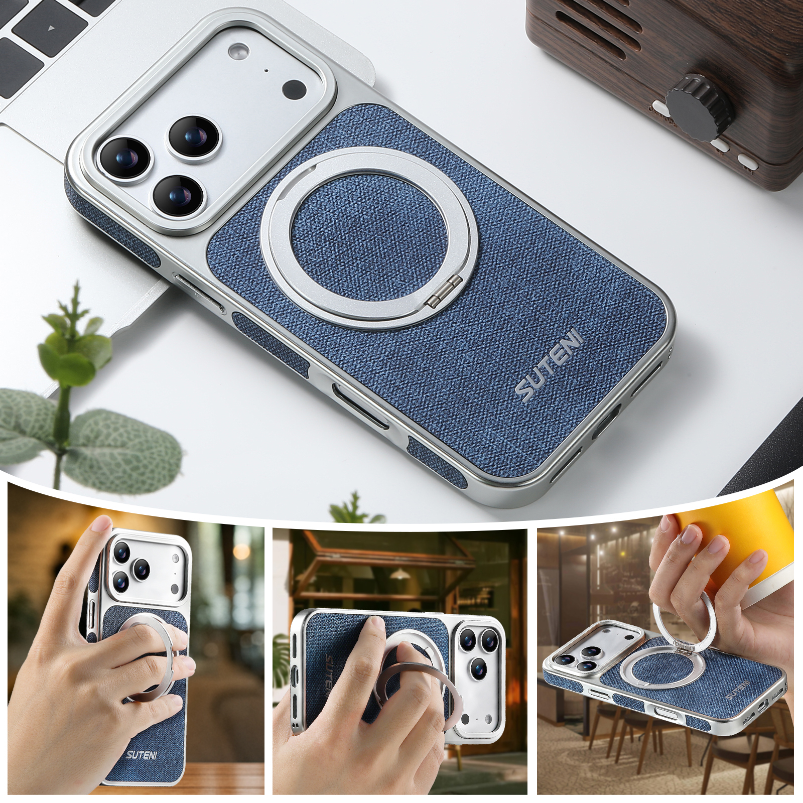 SUTENI G6NZ Faux Leather Magnet Wireless Charging Phone Case 360° Rotating Stand Ring Buckle Frosted Feel For iPhone 17 Pro Max 16 15 14 13
