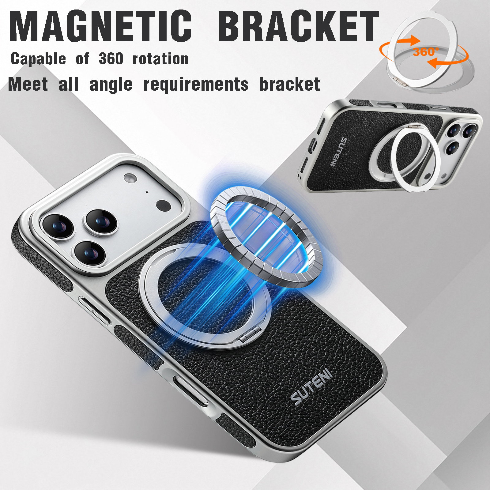 SUTENI G6DLZ Faux Leather Magnet Wireless Charging Phone Case 360° Rotating Stand Ring Buckle Frosted Feel For iPhone 17 Pro Max 16 15 14 13