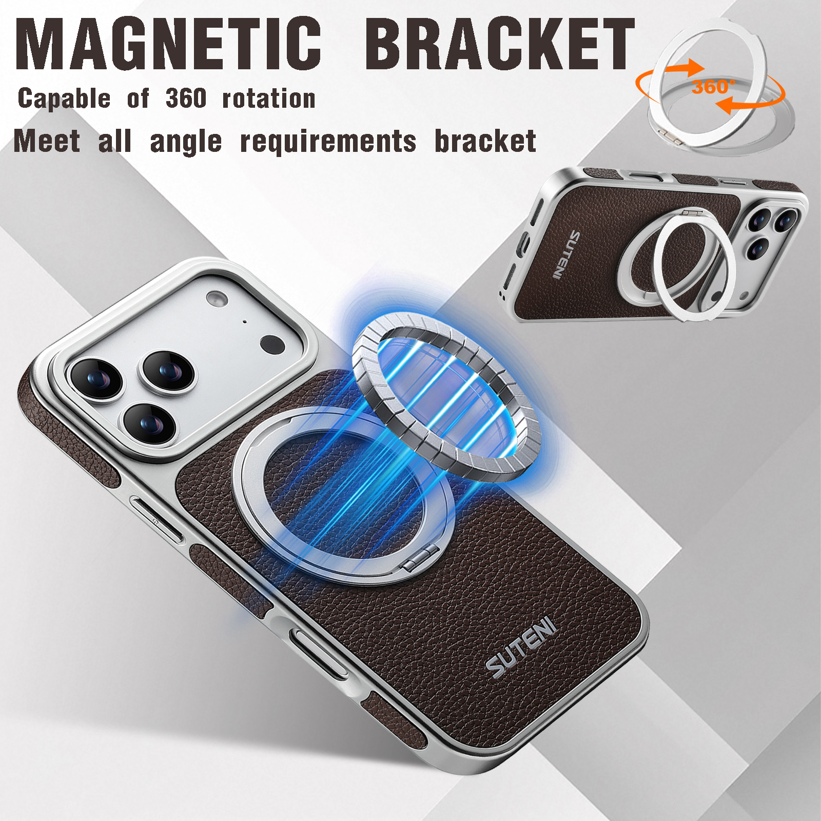 SUTENI G6DLZ Faux Leather Magnet Wireless Charging Phone Case 360° Rotating Stand Ring Buckle Frosted Feel For iPhone 17 Pro Max 16 15 14 13