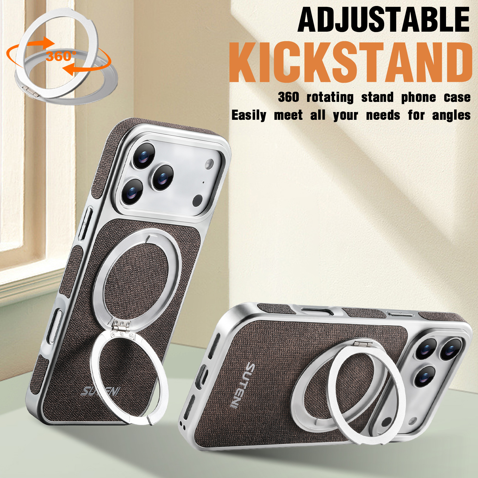 SUTENI G6NZ Faux Leather Magnet Wireless Charging Phone Case 360° Rotating Stand Ring Buckle Frosted Feel For iPhone 17 Pro Max 16 15 14 13