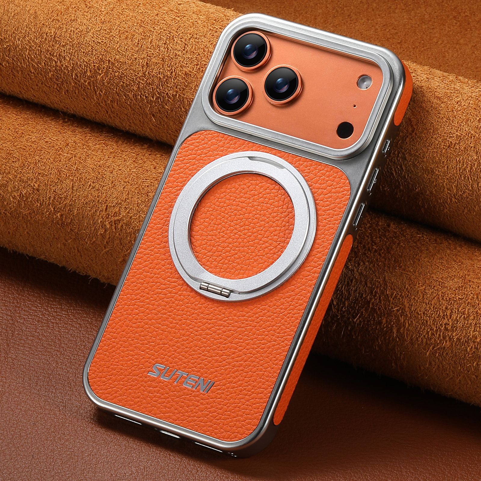 SUTENI G6DLZ Faux Leather Magnet Wireless Charging Phone Case 360° Rotating Stand Ring Buckle Frosted Feel For iPhone 17 Pro Max 16 15 14 13