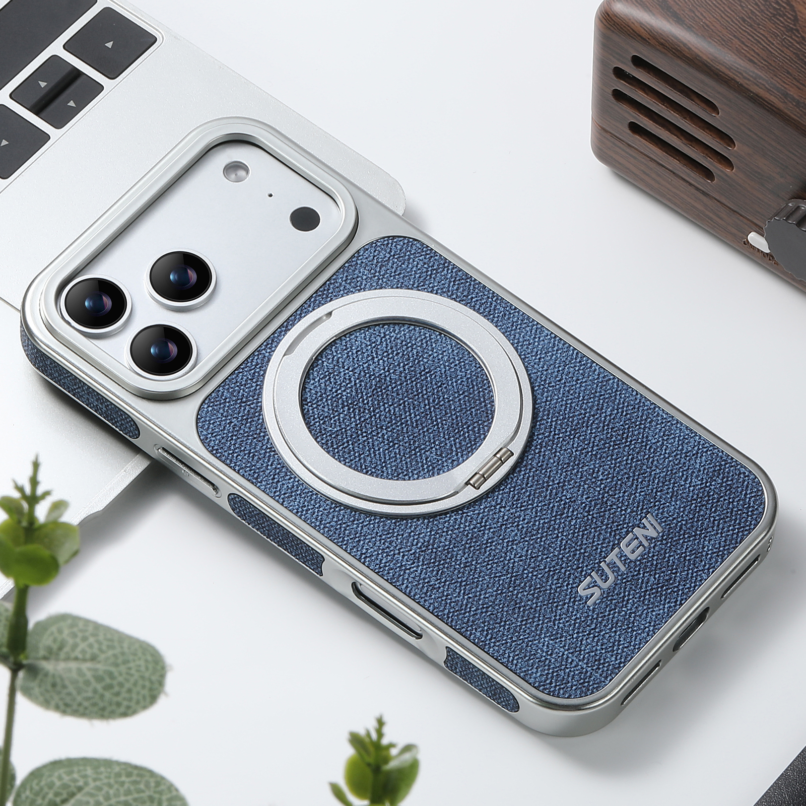 SUTENI G6NZ Faux Leather Magnet Wireless Charging Phone Case 360° Rotating Stand Ring Buckle Frosted Feel For iPhone 17 Pro Max 16 15 14 13