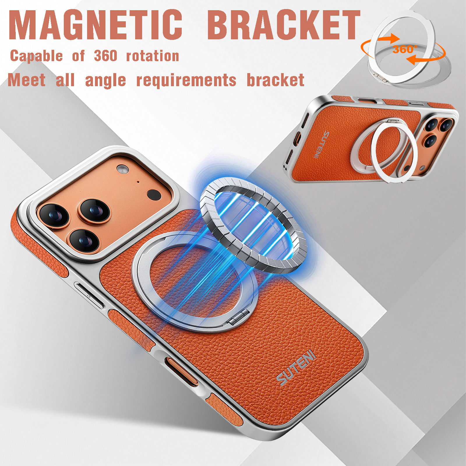 SUTENI G6DLZ Faux Leather Magnet Wireless Charging Phone Case 360° Rotating Stand Ring Buckle Frosted Feel For iPhone 17 Pro Max 16 15 14 13