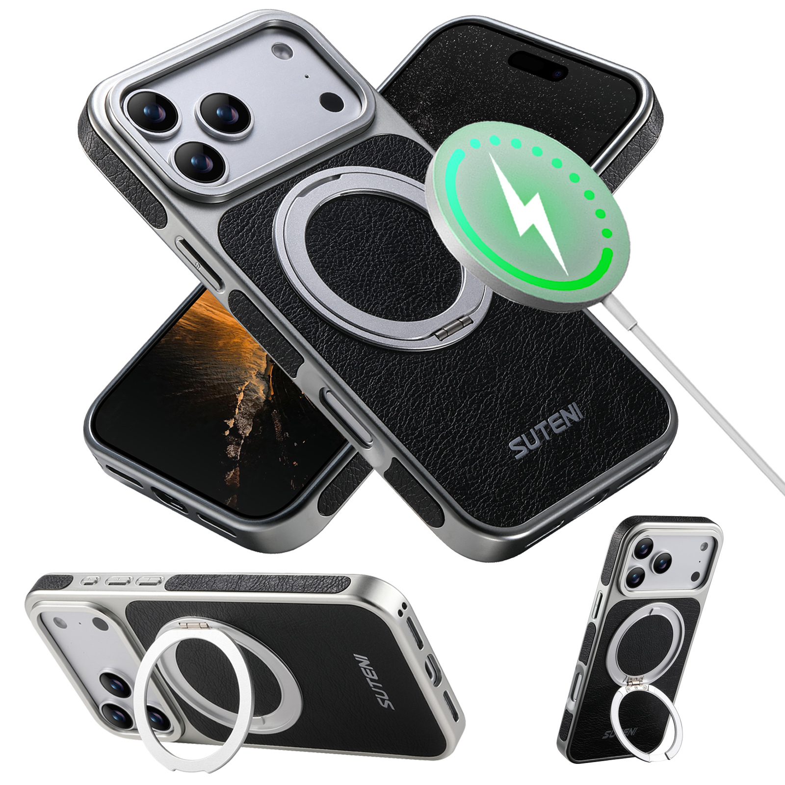 SUTENI G6FM Faux Leather Magnet Wireless Charging Phone Case 360° Rotating Stand Ring Buckle Frosted Feel For iPhone 17 Pro Max 16 15 14 13