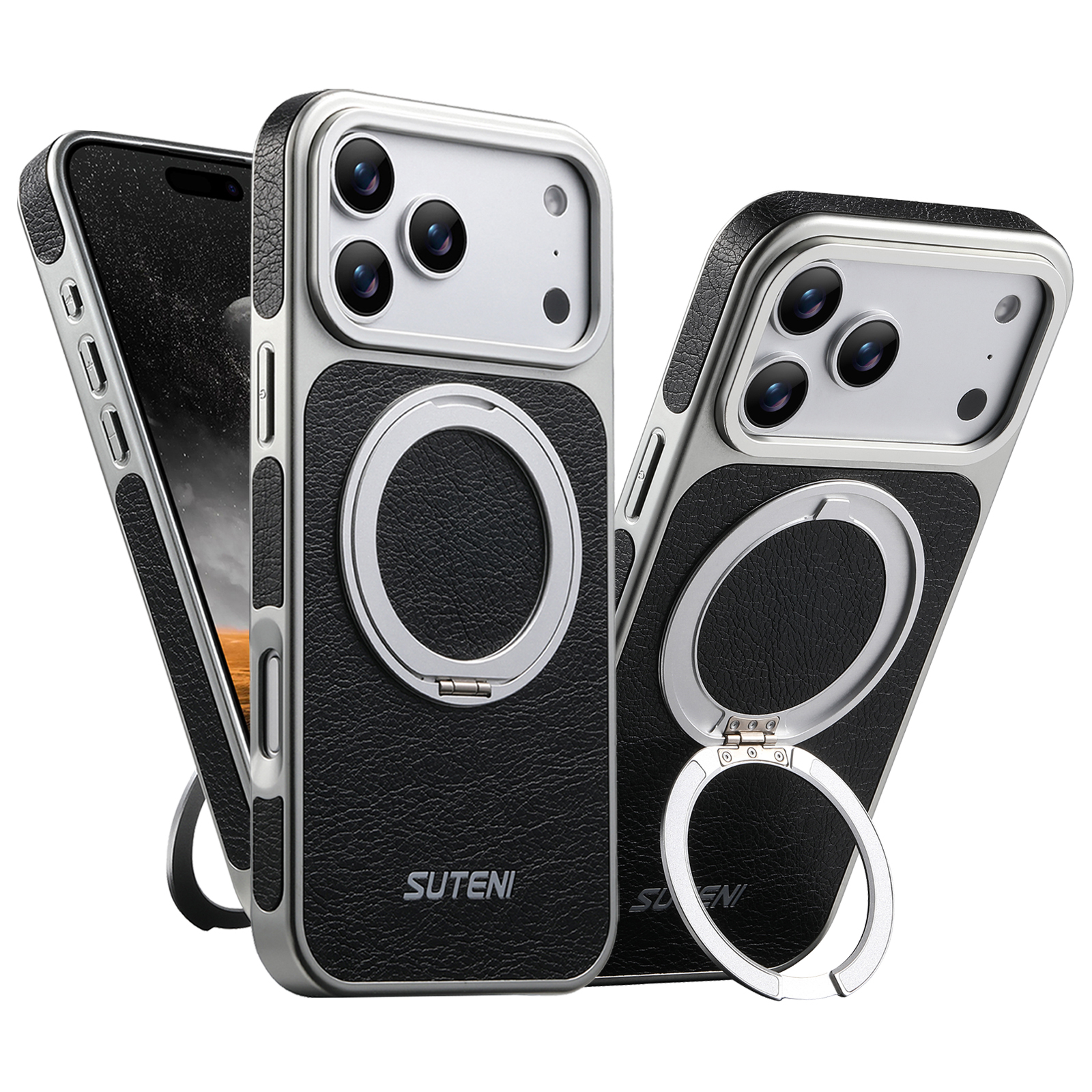 SUTENI G6FM Faux Leather Magnet Wireless Charging Phone Case 360° Rotating Stand Ring Buckle Frosted Feel For iPhone 17 Pro Max 16 15 14 13