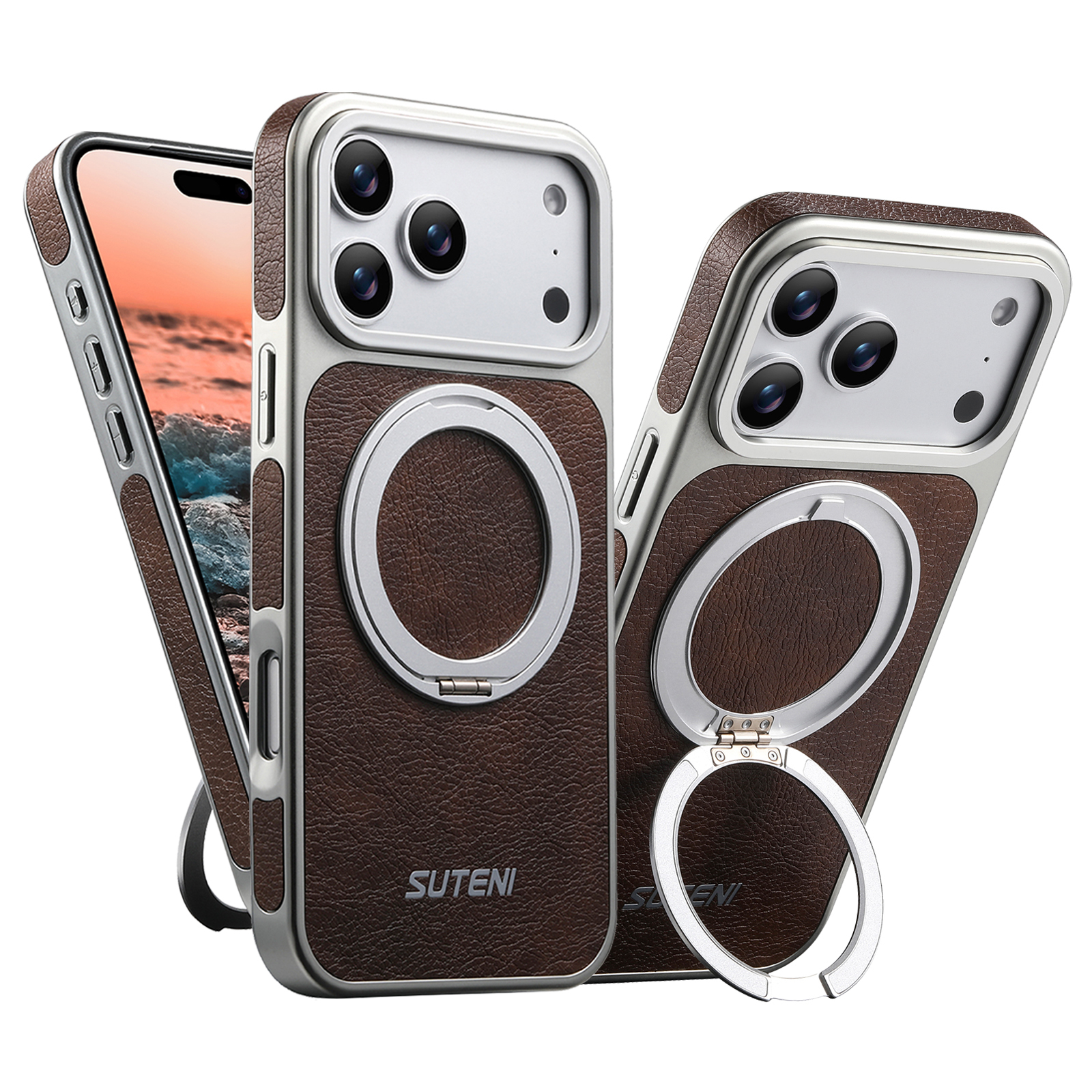 SUTENI G6FM Faux Leather Magnet Wireless Charging Phone Case 360° Rotating Stand Ring Buckle Frosted Feel For iPhone 17 Pro Max 16 15 14 13