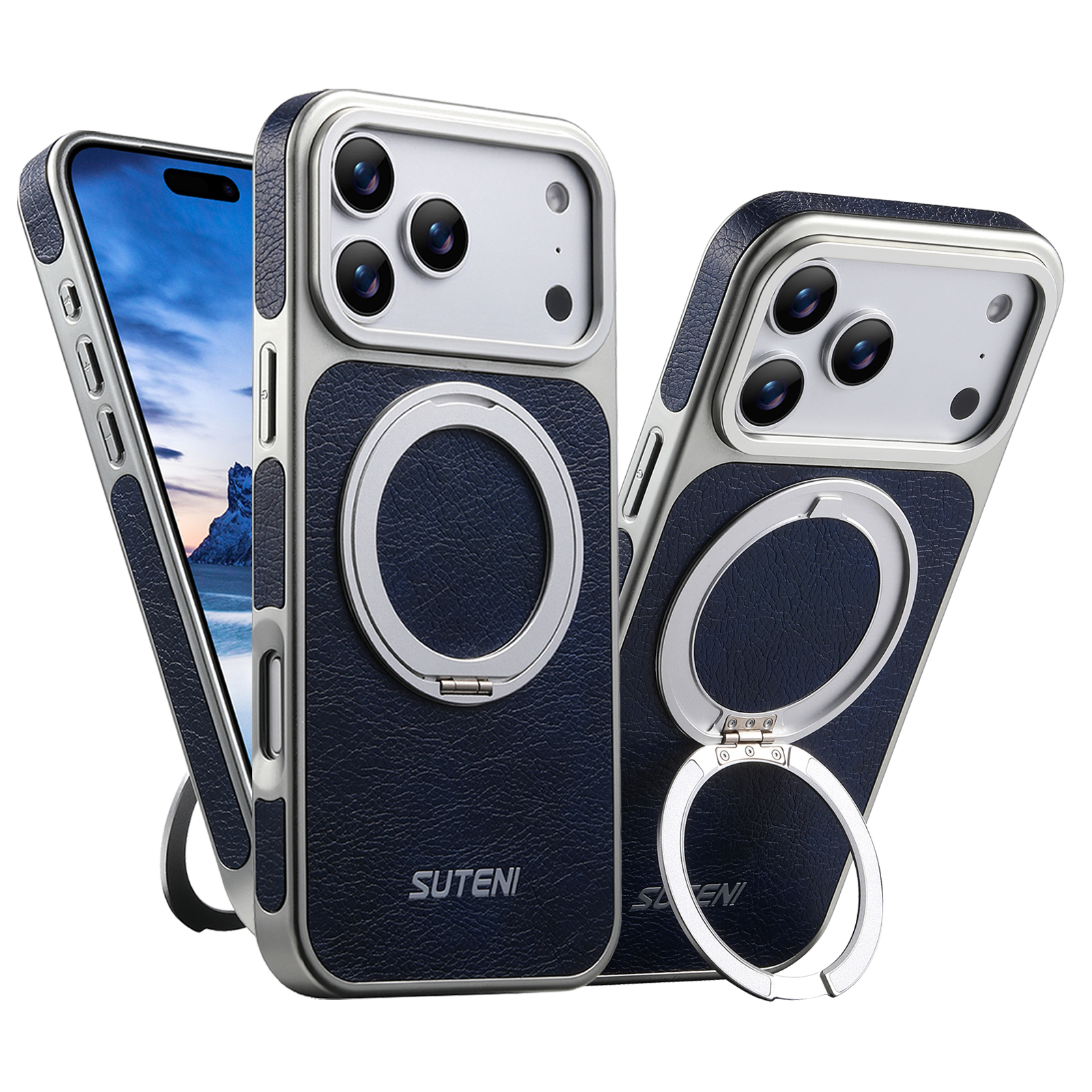 SUTENI G6FM Faux Leather Magnet Wireless Charging Phone Case 360° Rotating Stand Ring Buckle Frosted Feel For iPhone 17 Pro Max 16 15 14 13
